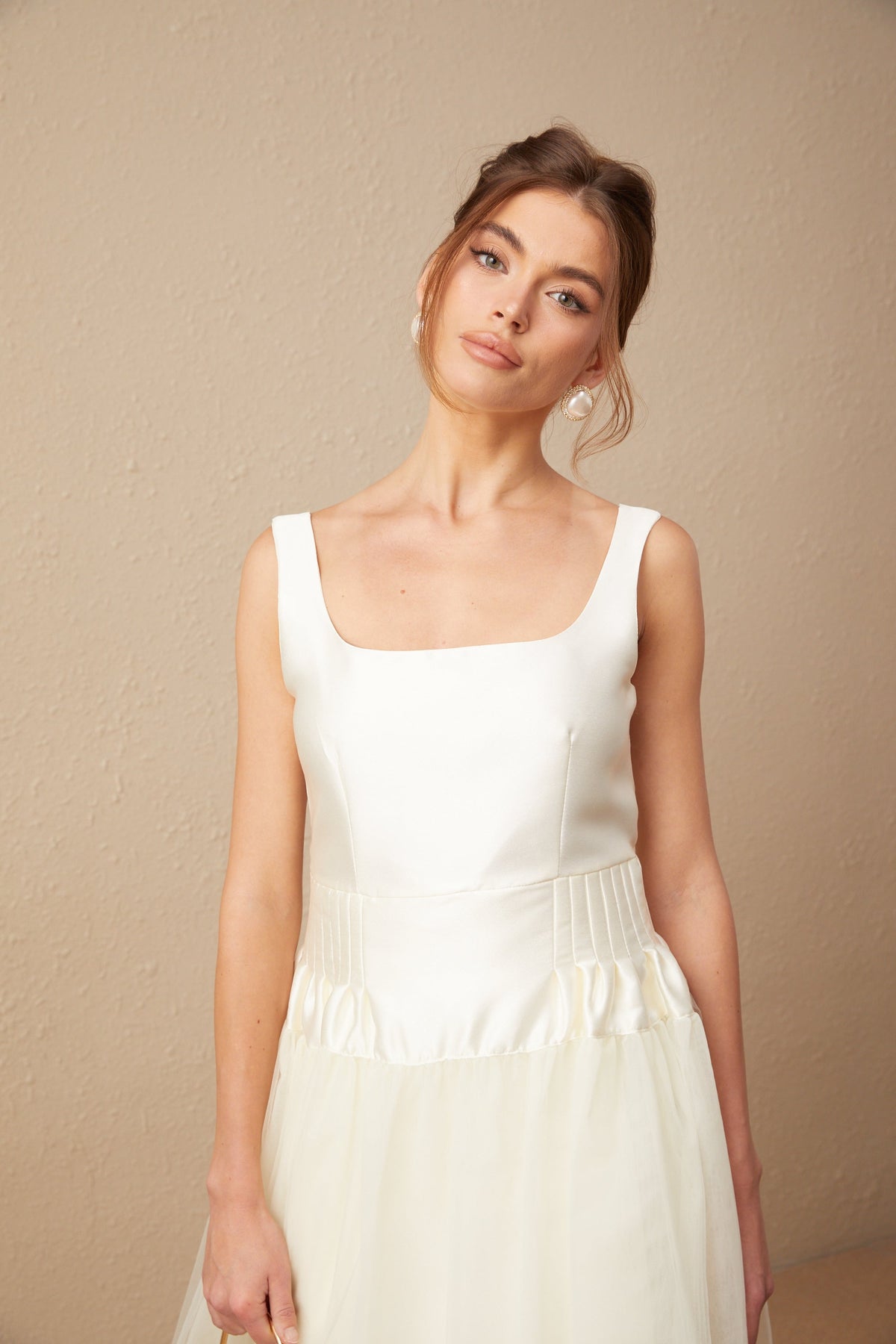 Lucie white satin tulle panelled maxi dress