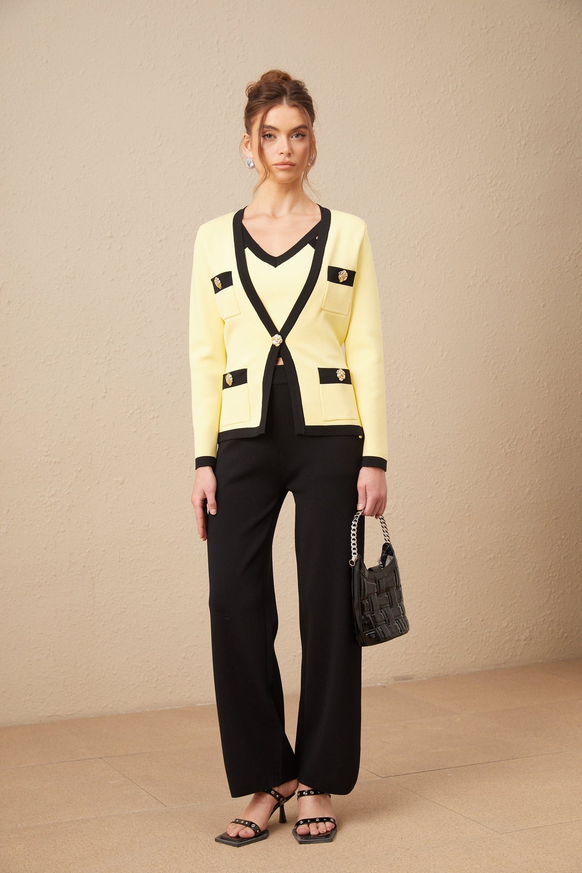 Eloise contrasting-trim knit cardigan & vest & trousers matching set