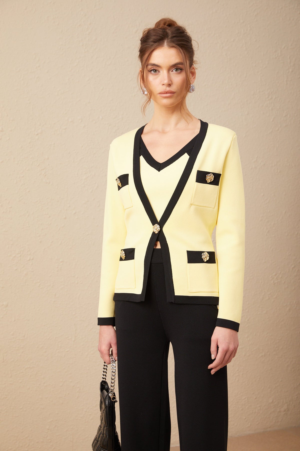 Eloise contrasting-trim knit cardigan & vest & trousers matching set