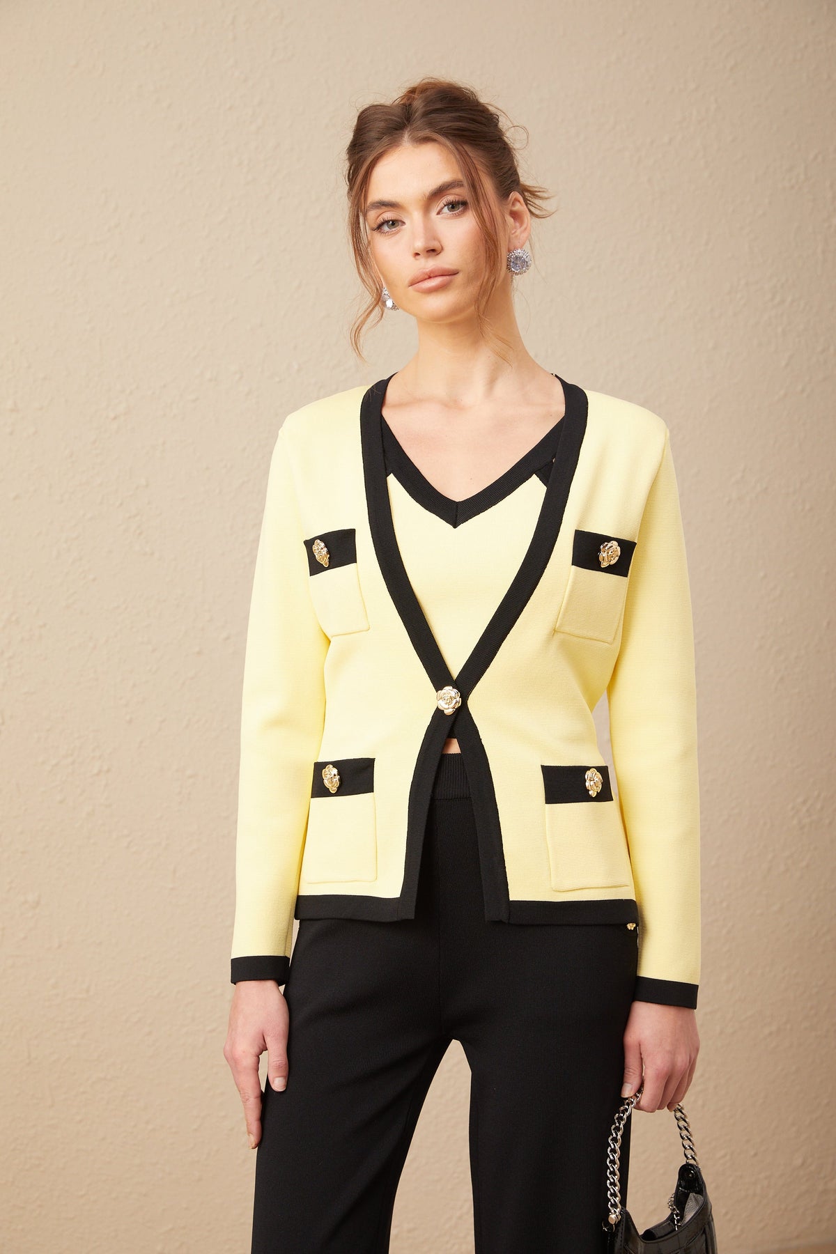 Eloise contrasting-trim knit cardigan & vest & trousers matching set
