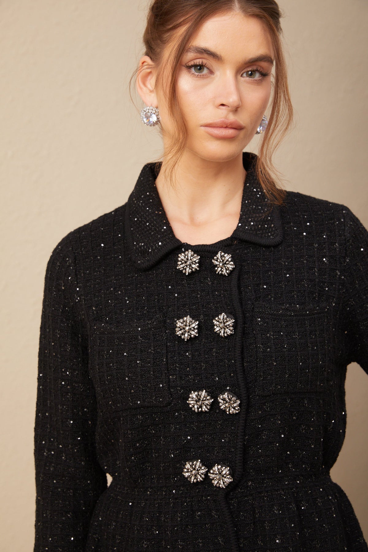 Amina sequined waffle-knit jacket & skirt matching set