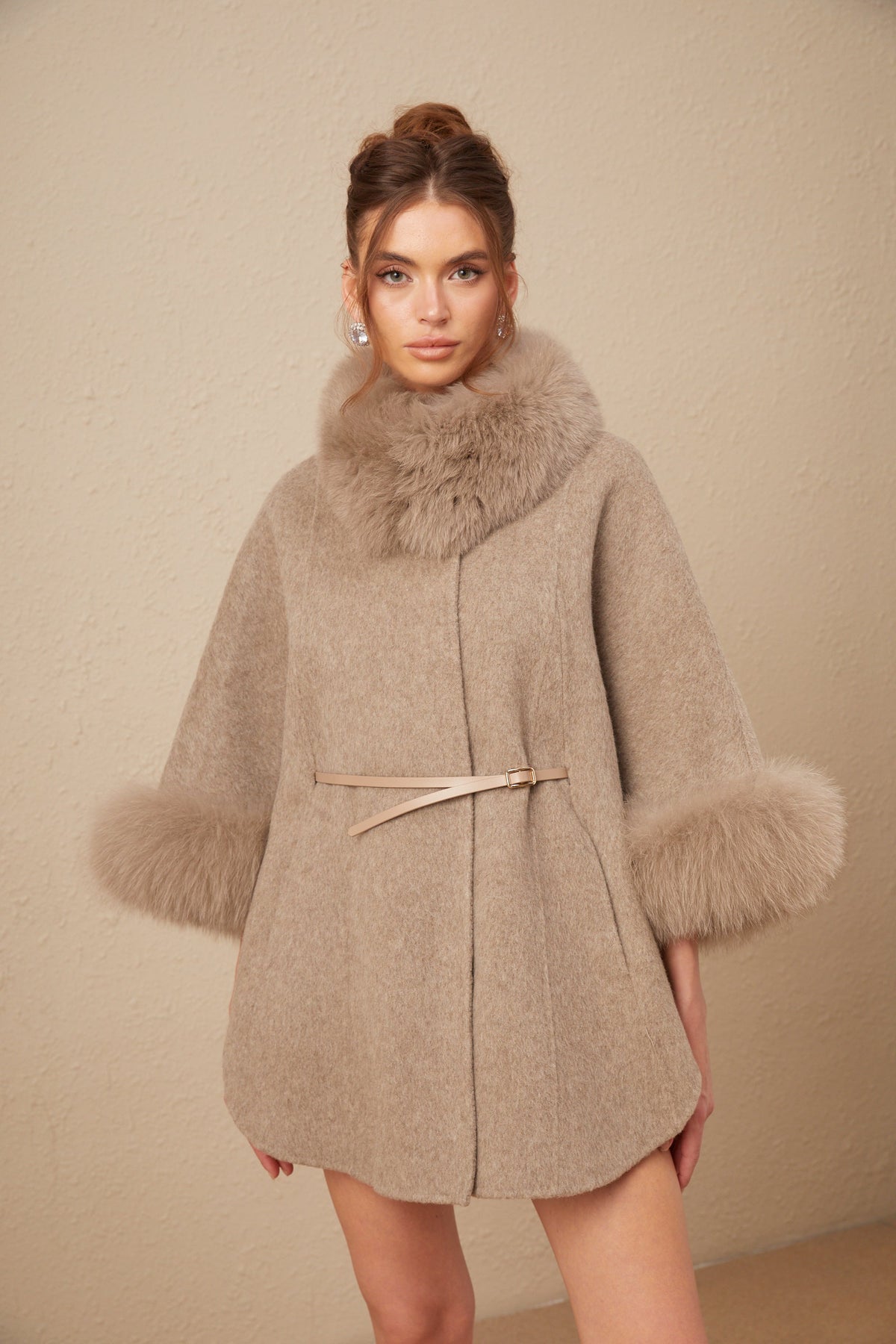 Chloris wool fur belted cape coat in Brown (Final Sale-US Only)