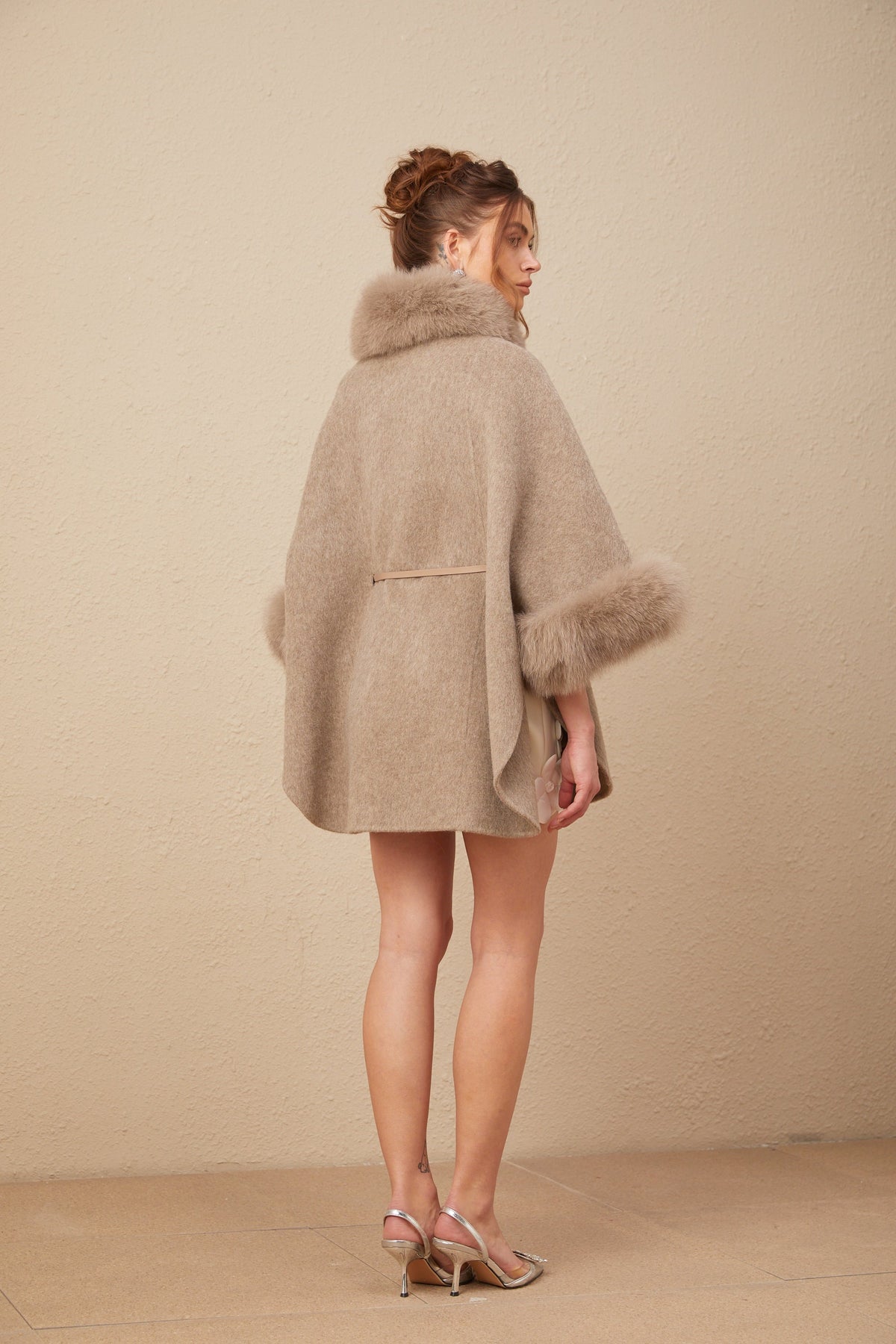 Chloris wool fur belted cape coat in Brown