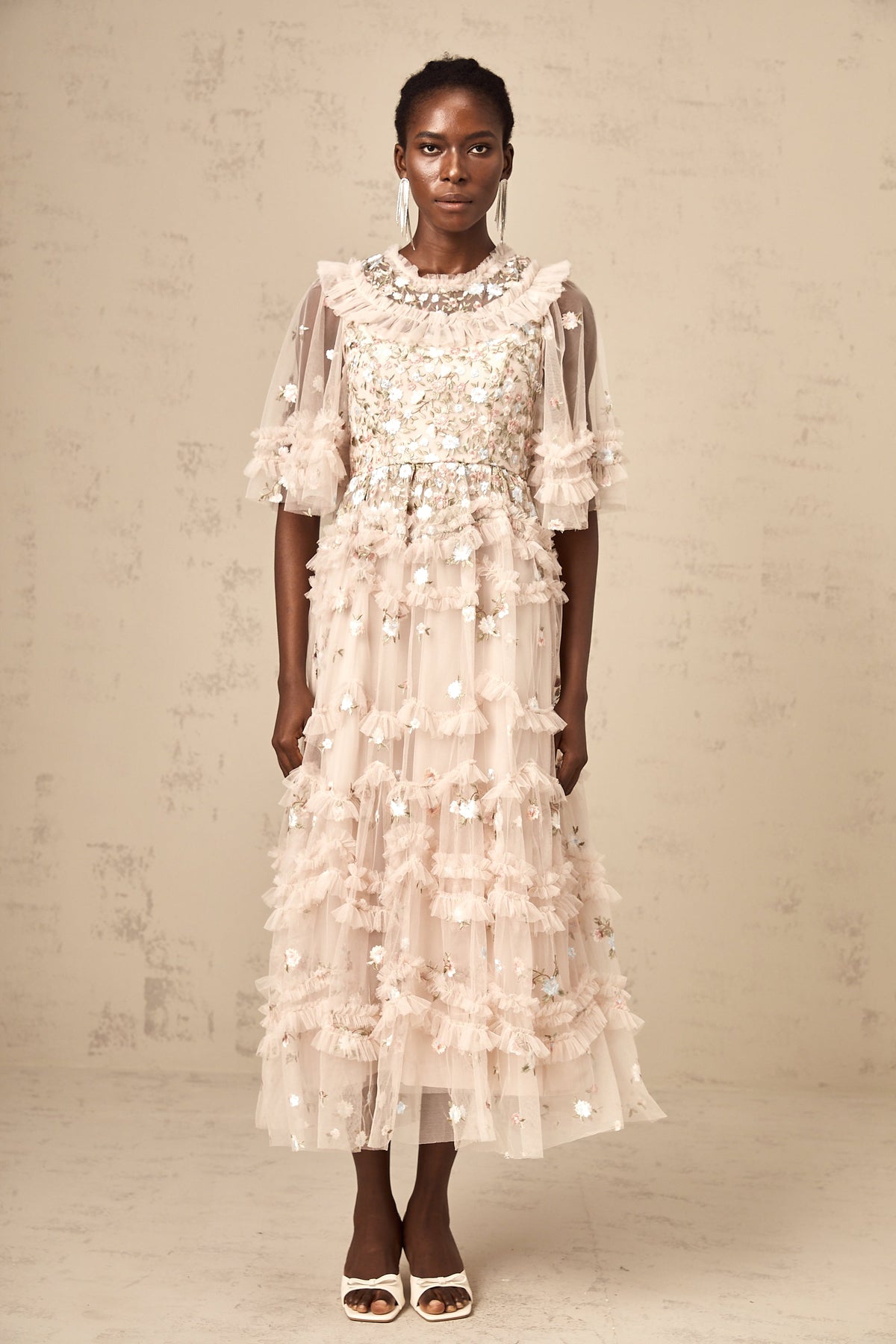 Kévina floral-embroidered tiered ruffled midi dress (Final Sale-US Only)