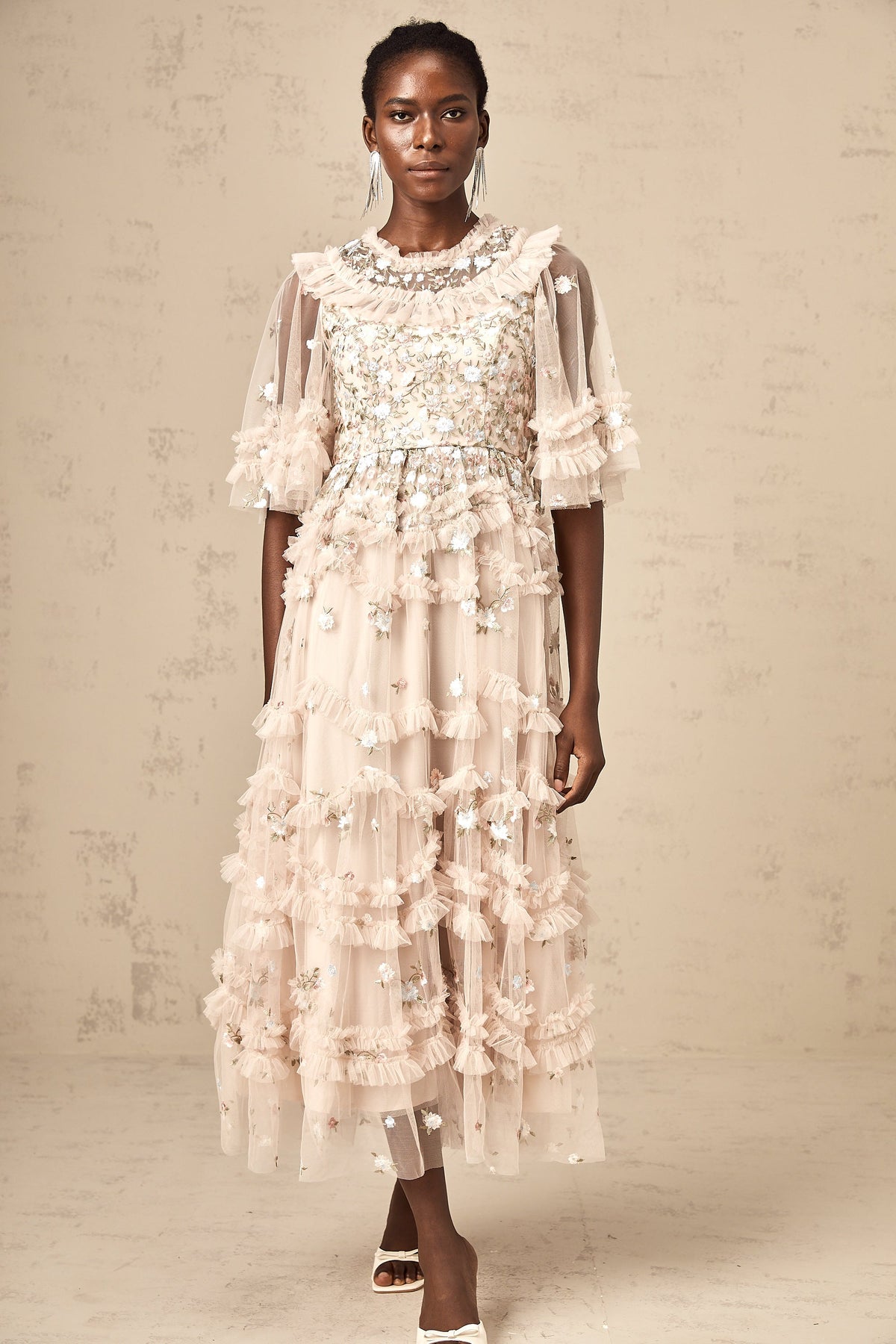 Kévina floral-embroidered tiered ruffled midi dress (Final Sale-US Only)