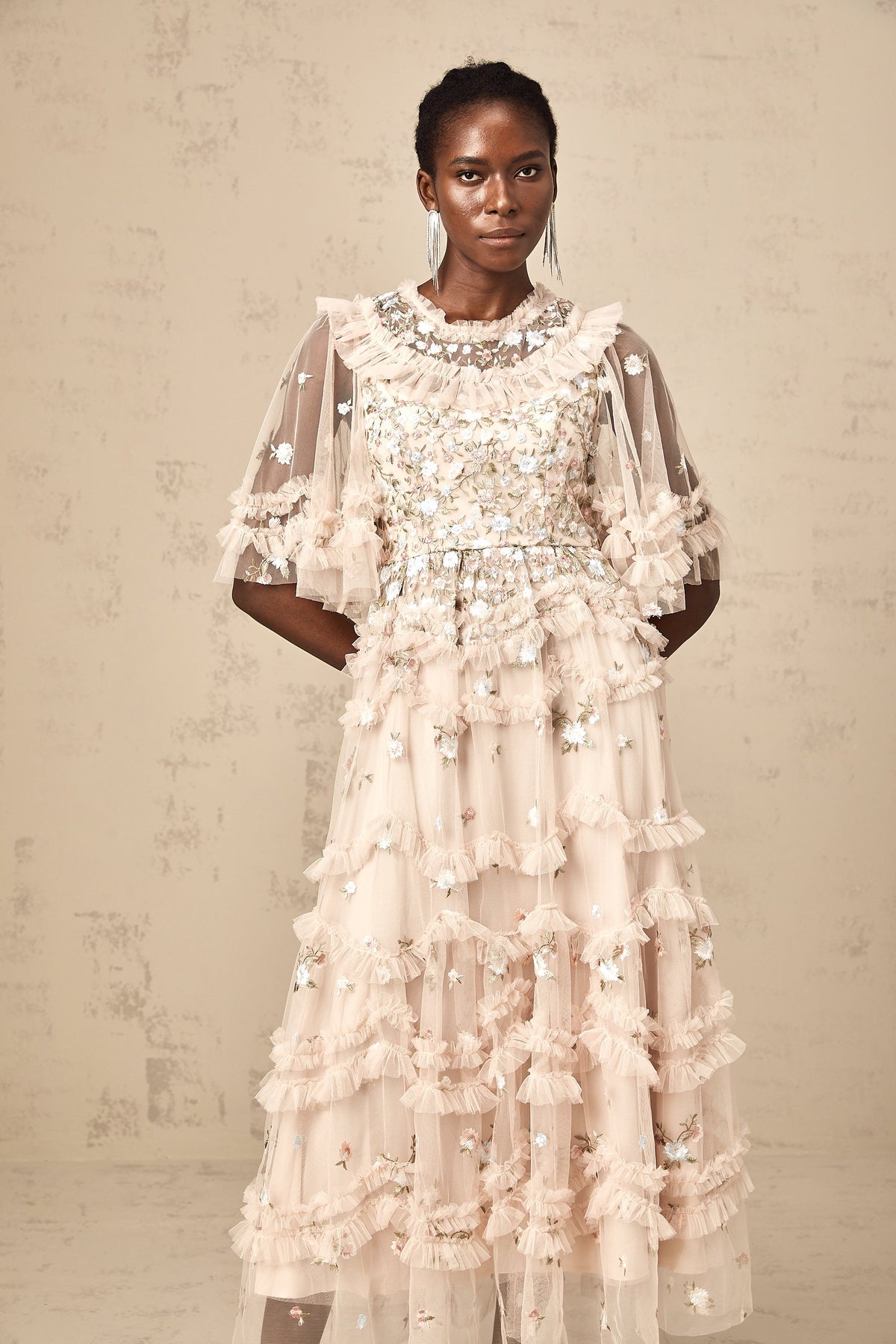Kévina floral-embroidered tiered ruffled midi dress