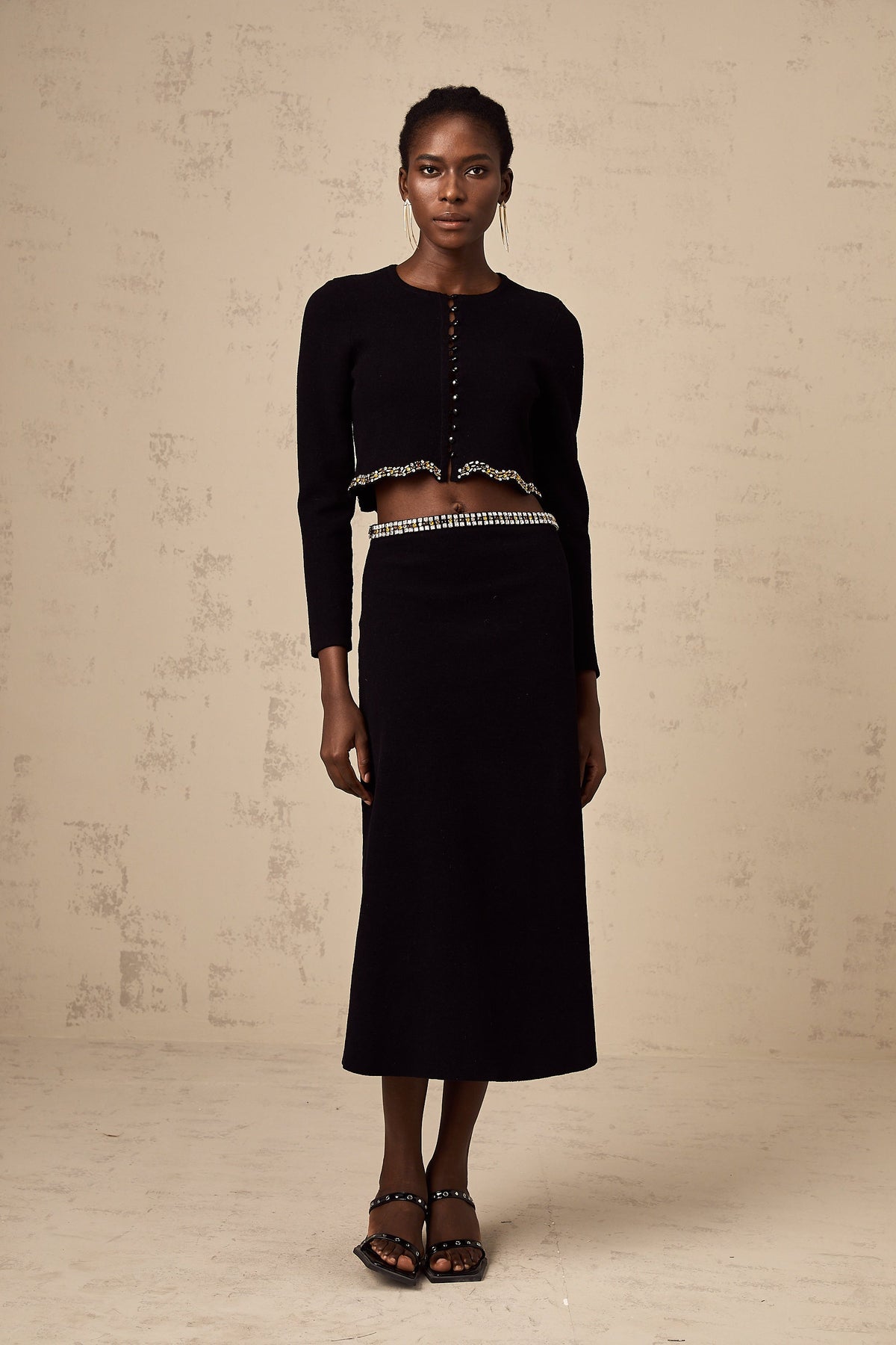 Magali black embellished knitted cardigan & skirt matching set
