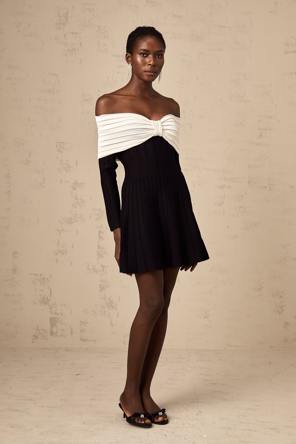 Justine black off-shoulder bow knit mini dress (Final Sale)