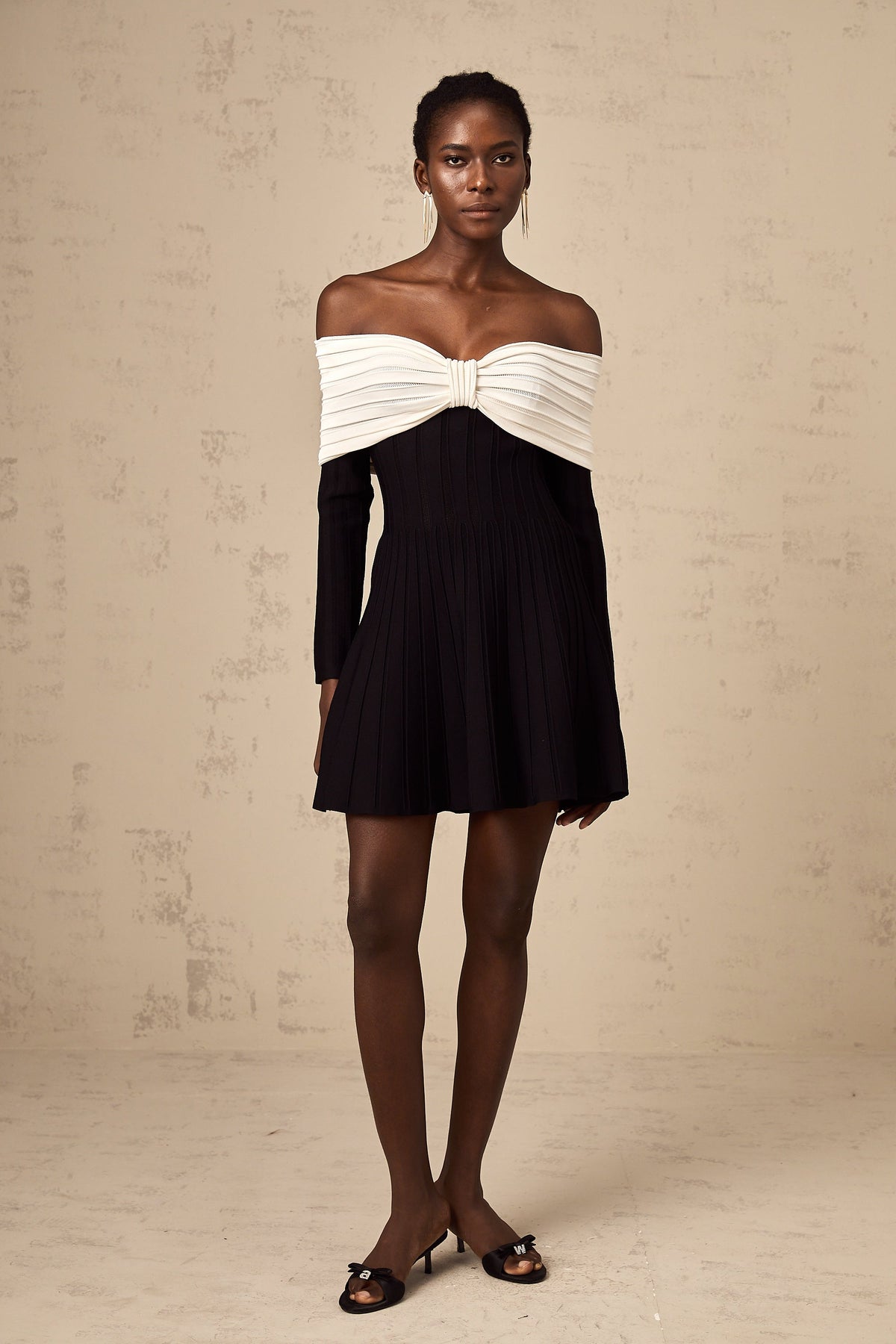 Justine black off-shoulder bow knit mini dress (Final Sale)
