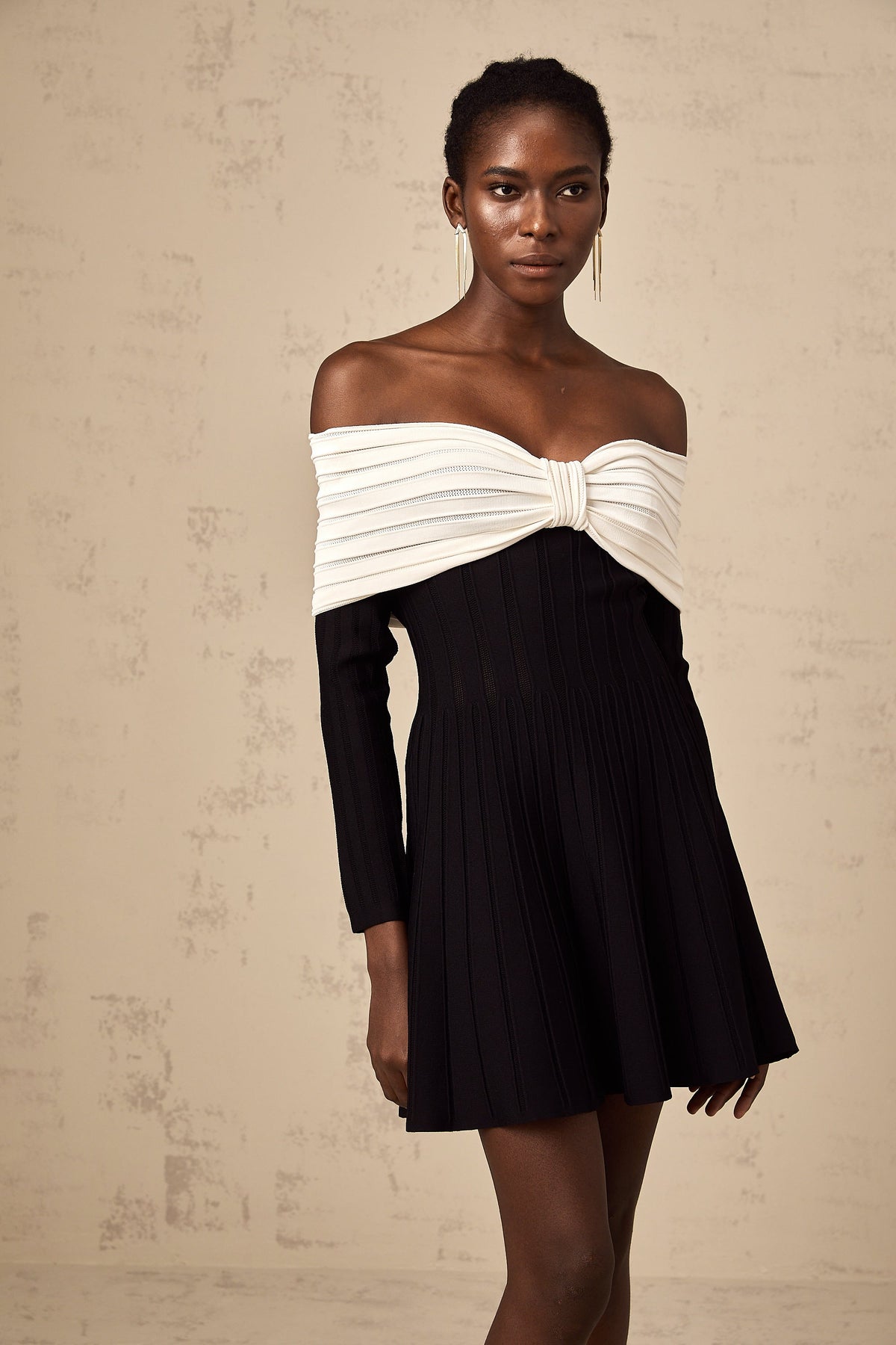 Justine black off-shoulder bow knit mini dress (Final Sale)