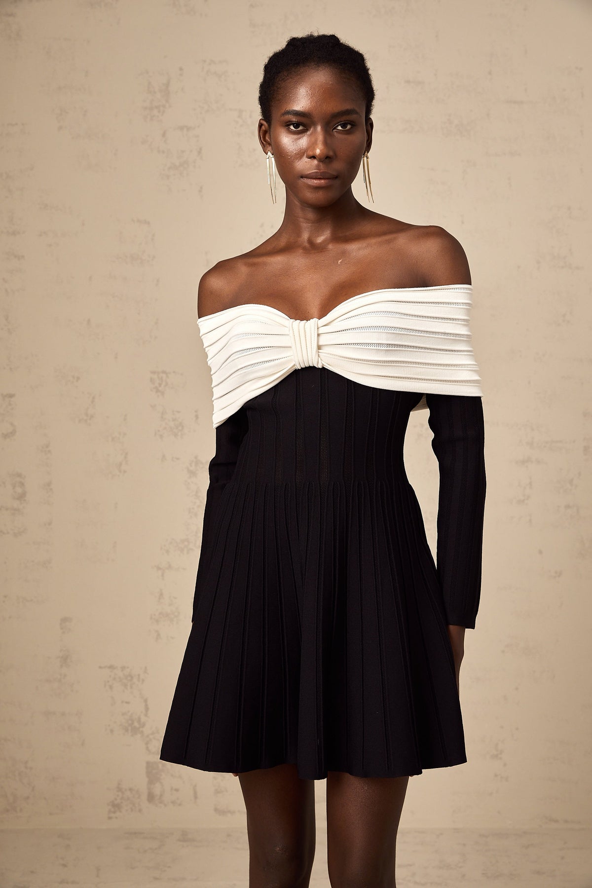 Justine black off-shoulder bow knit mini dress (Final Sale)