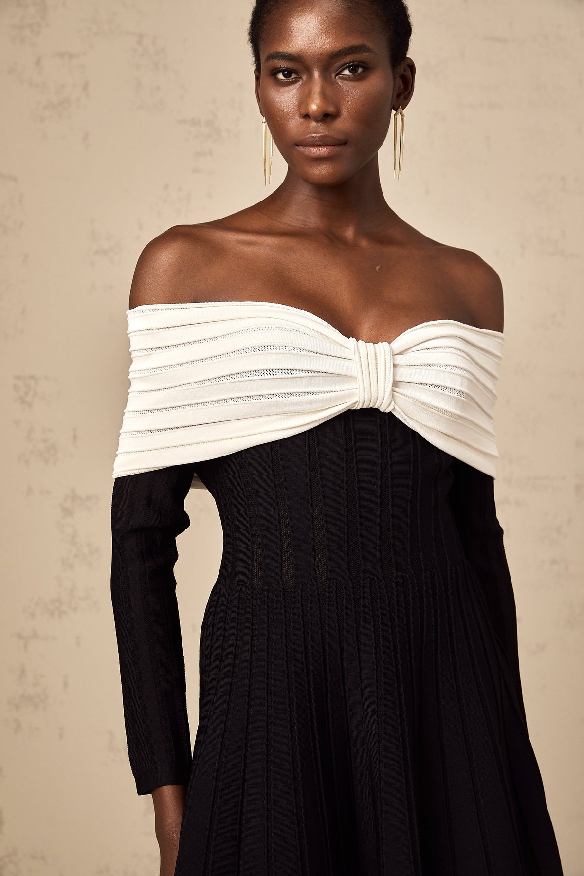 Justine black off-shoulder bow knit mini dress (Final Sale)