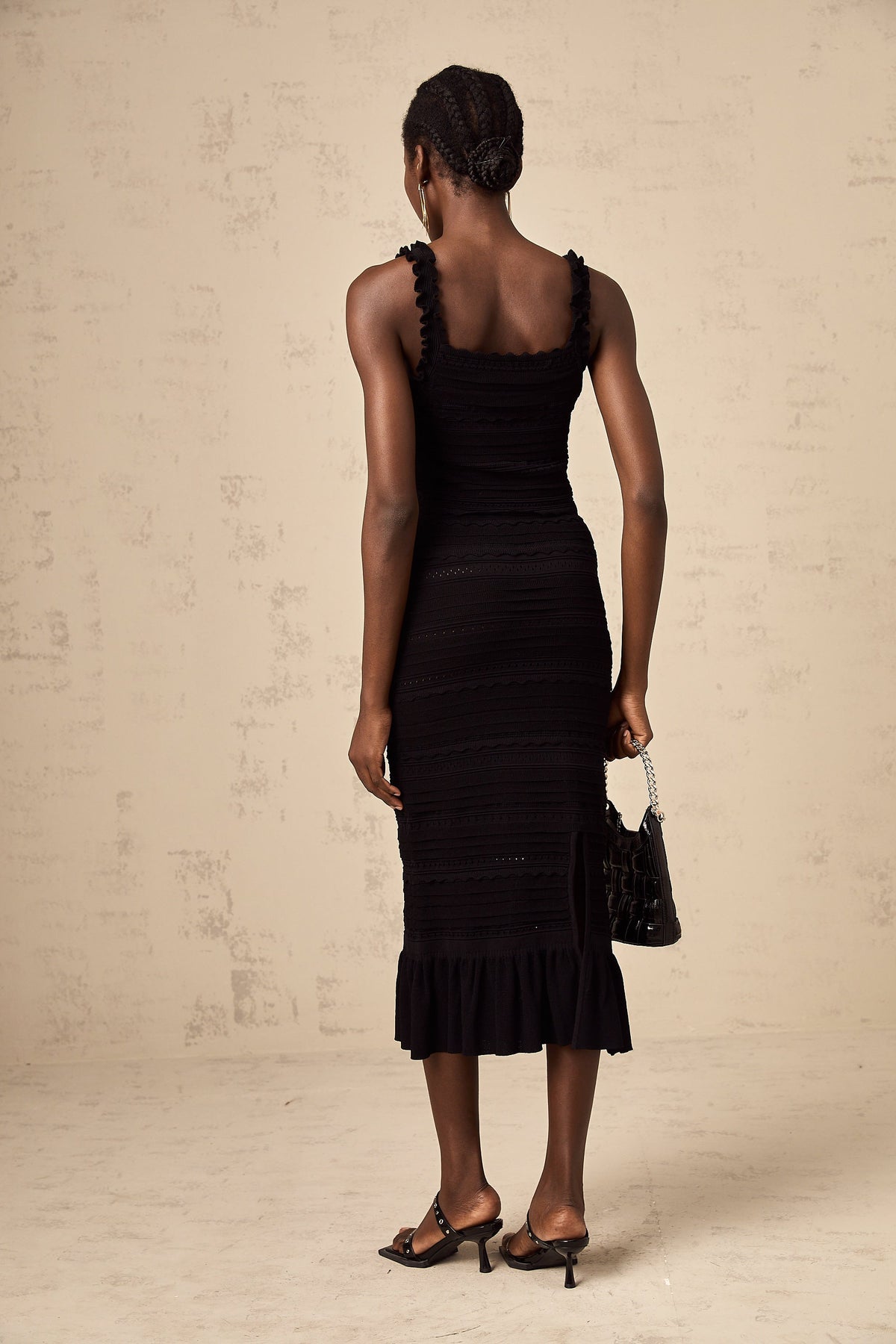 Céleste black knitted ruffled top & skirt matching set