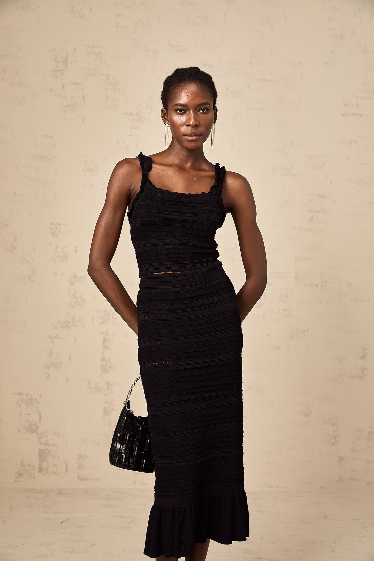 Céleste black knitted ruffled top & skirt matching set