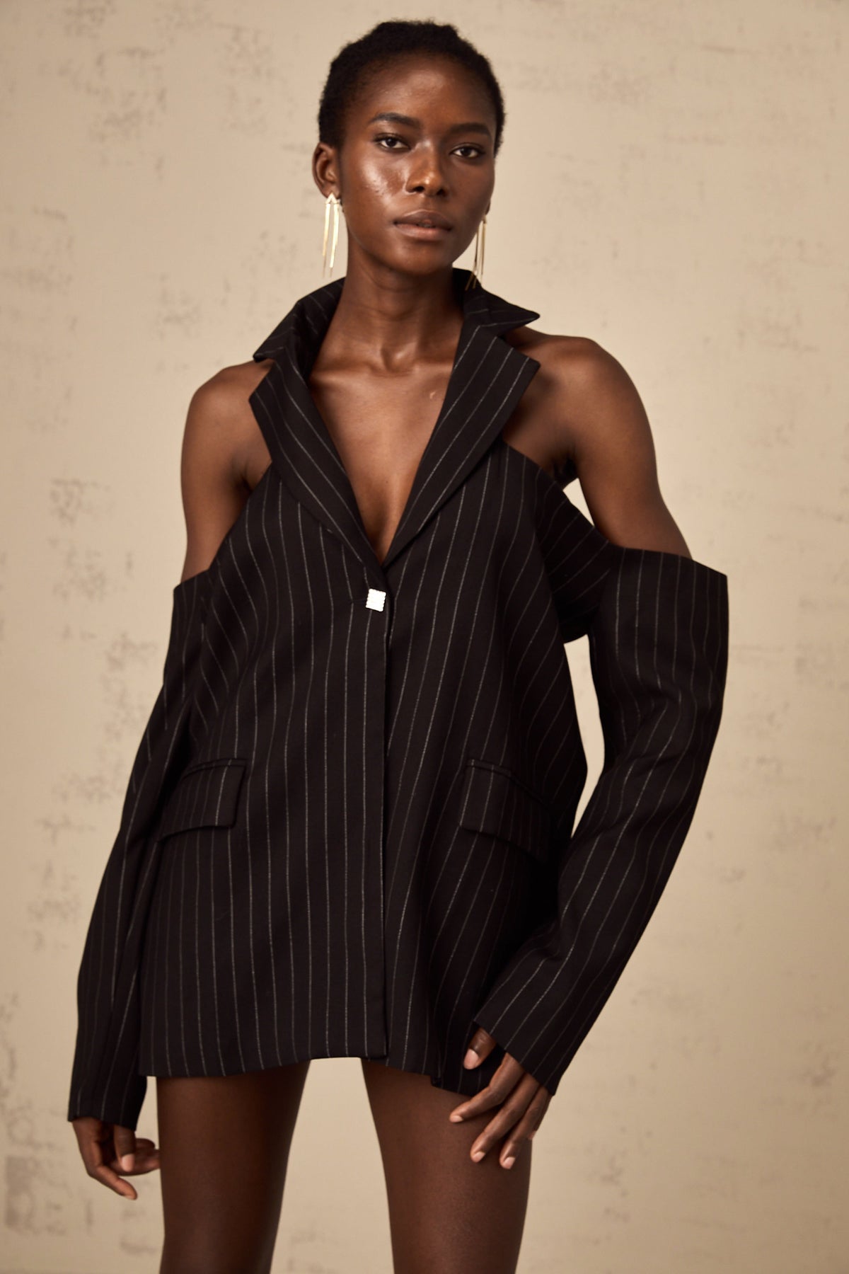 Stefania black striped open-back blazer mini dress - Black