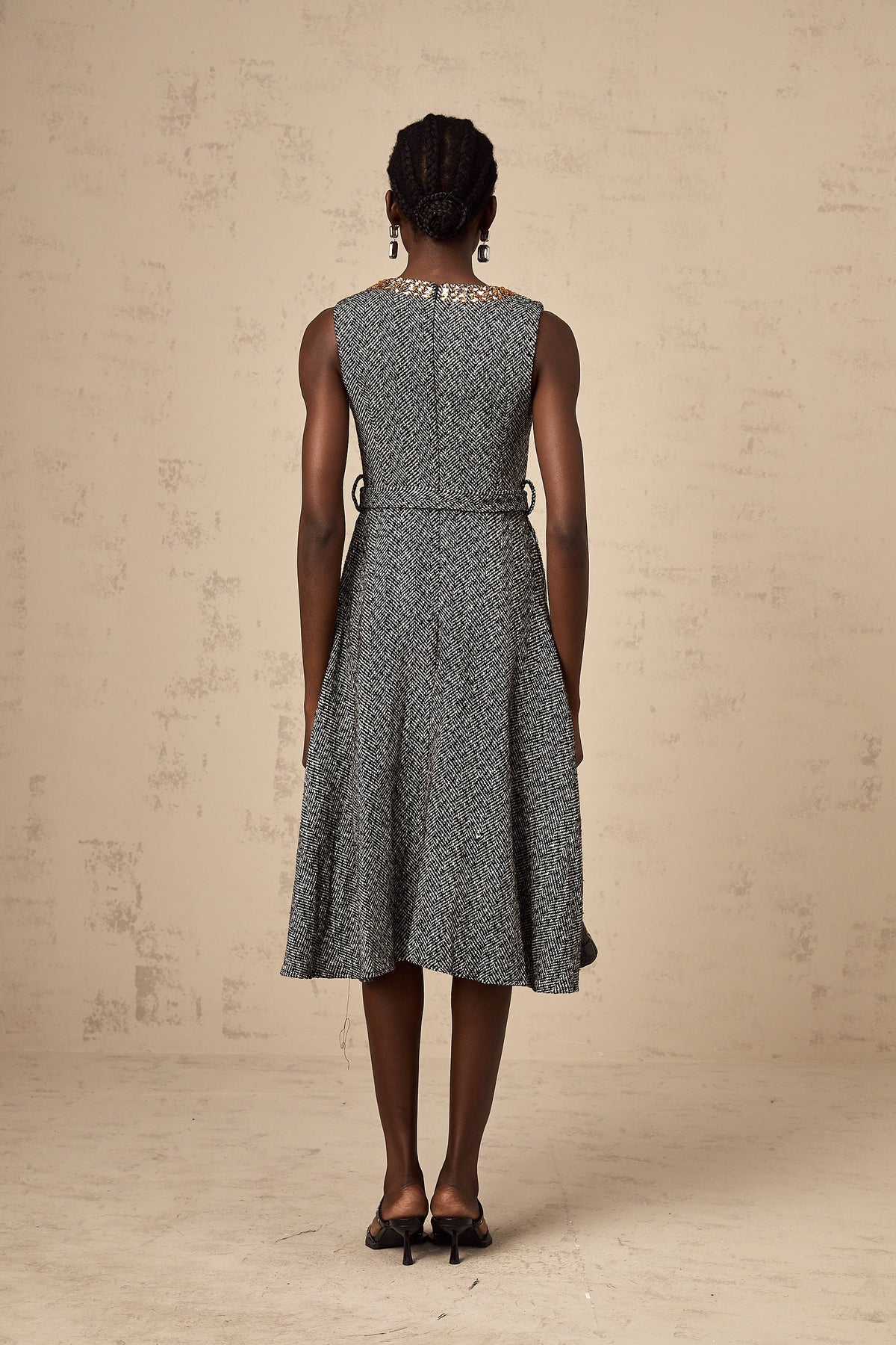 Valentine grey crystal sleeveless tweed midi dress (Final Sale)