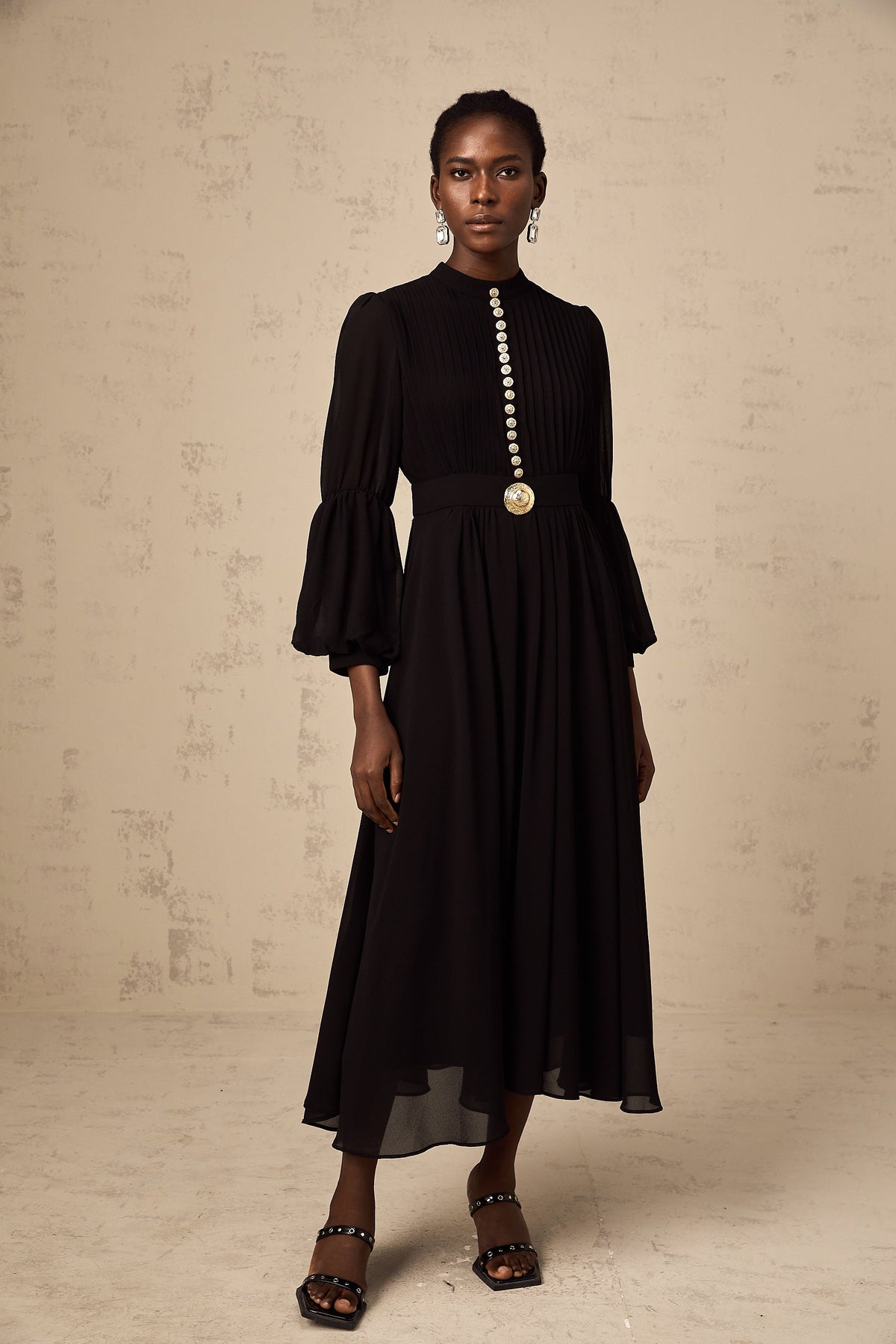 Viviane black pleated button-front midi dress