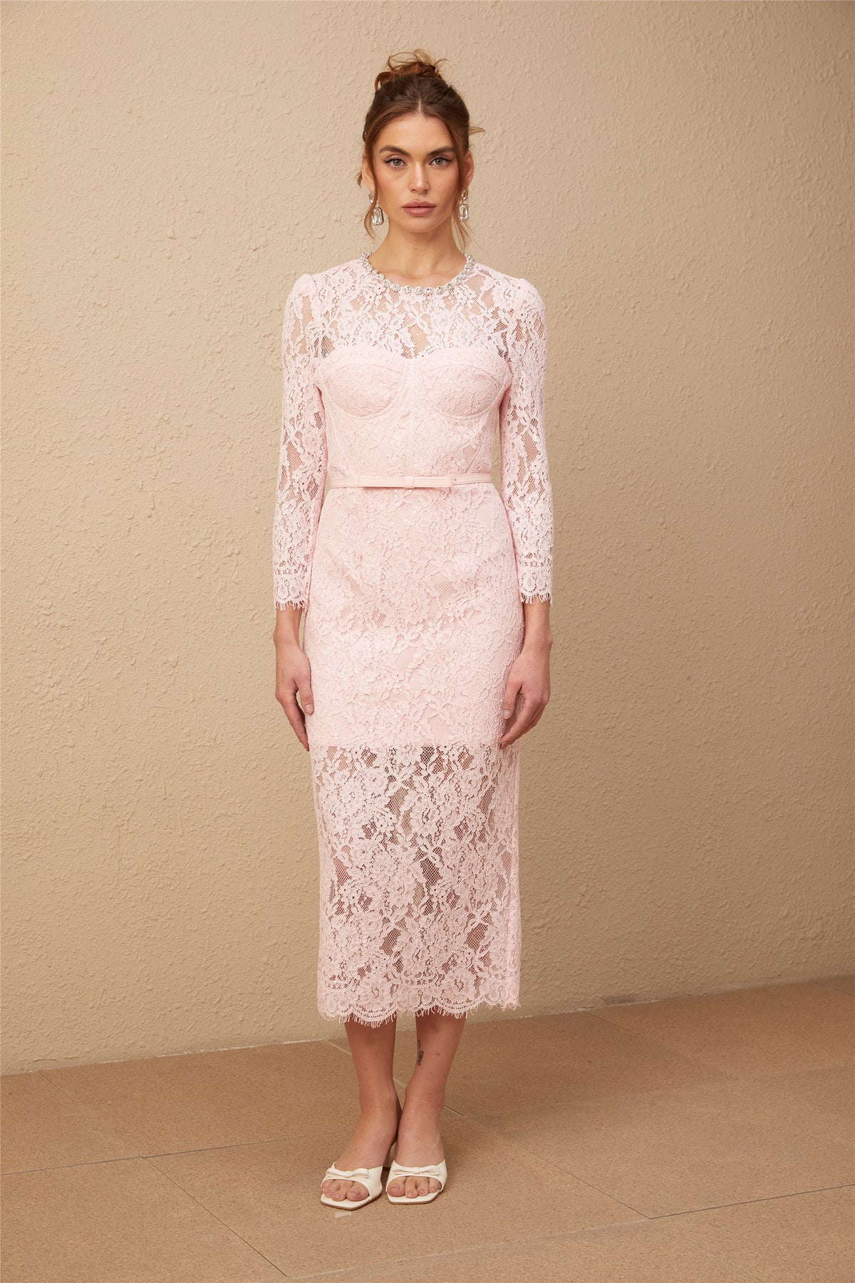 Elisabetta pink embellished floral-embroidered lace midi dress (Final Sale-US Only)