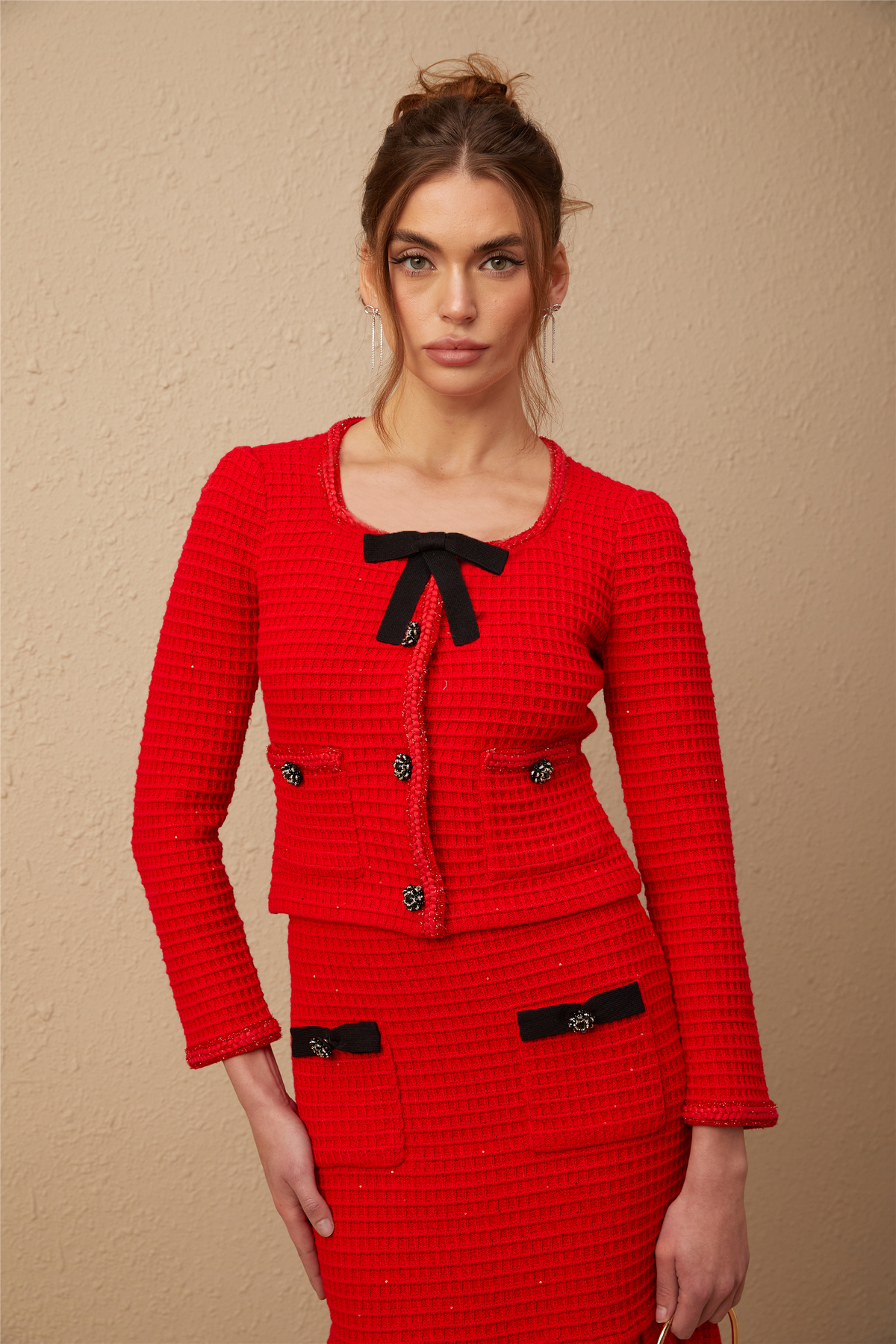 Cynthia red braided waffle-knit jacket & skirt matching set