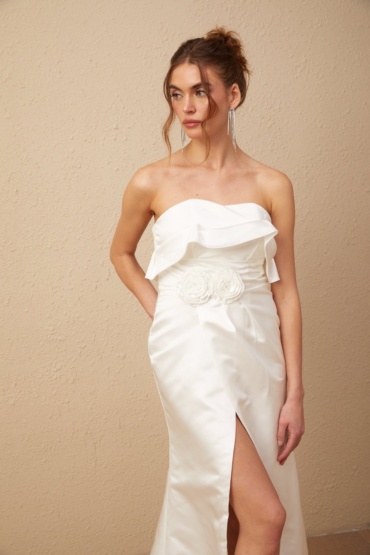 Anna white floral-appliqué satin maxi dress