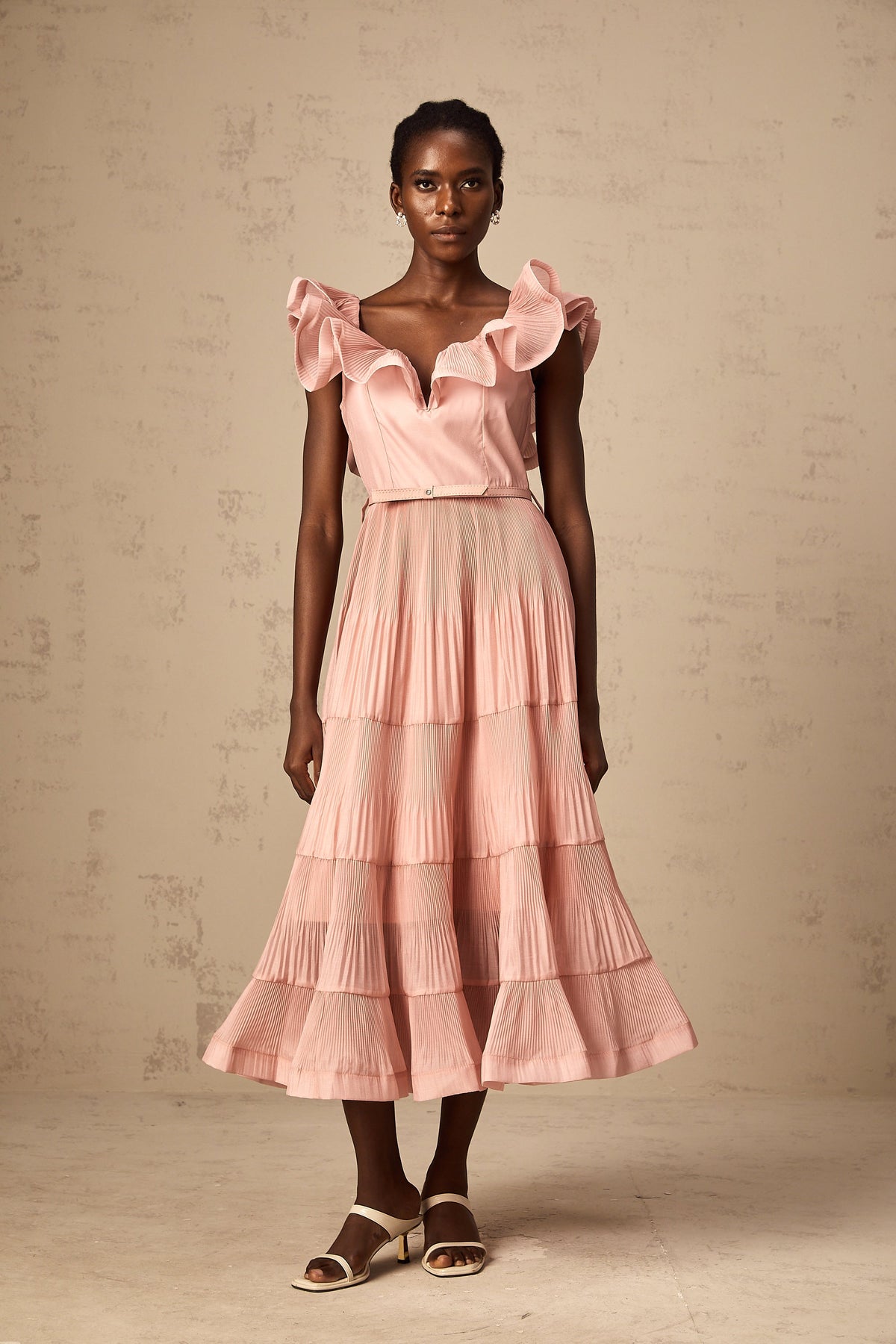 Valentina coral-pink pleated frilled midi dress (Final Sale-US Only)