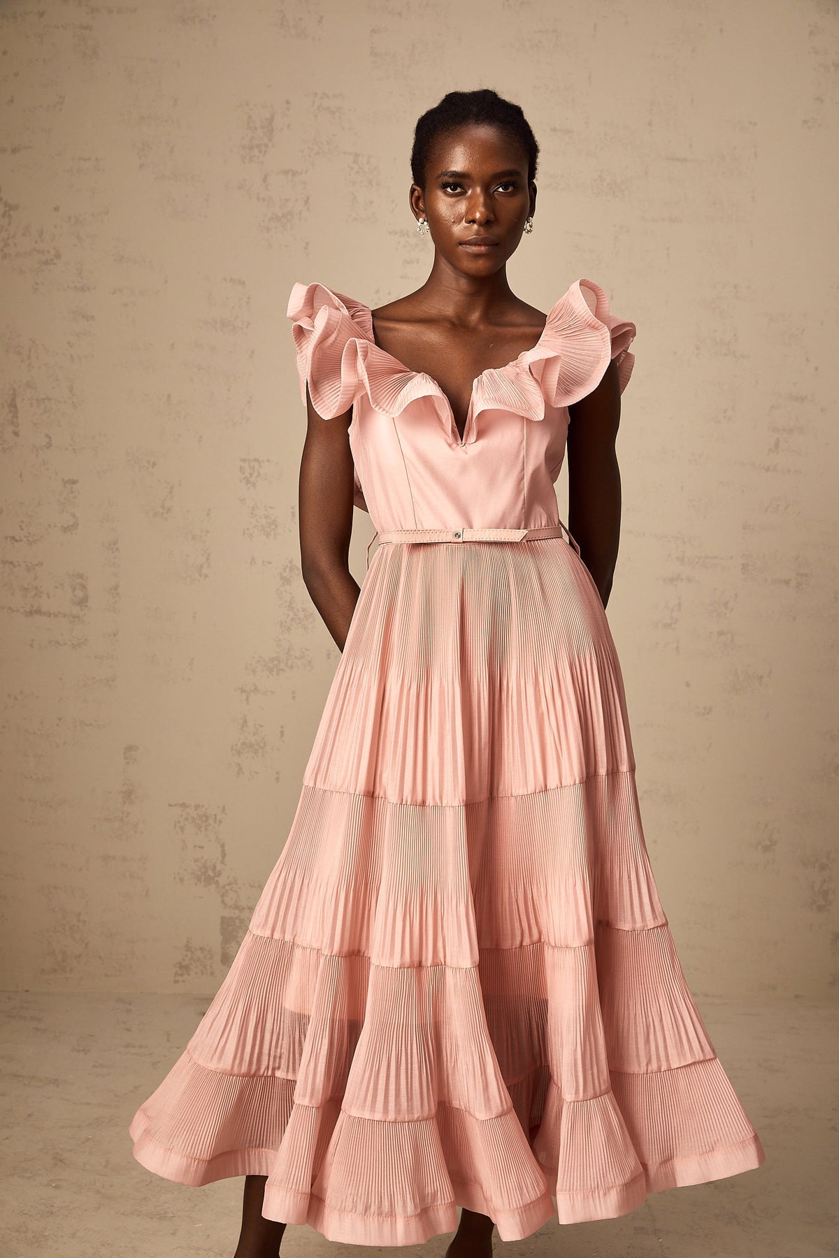 Valentina coral-pink pleated frilled midi dress (Final Sale-US Only)