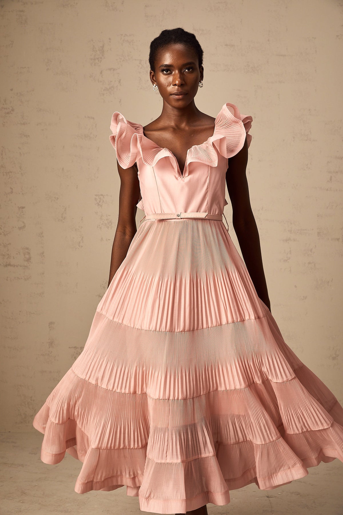 Valentina coral-pink pleated frilled midi dress (Final Sale-US Only)