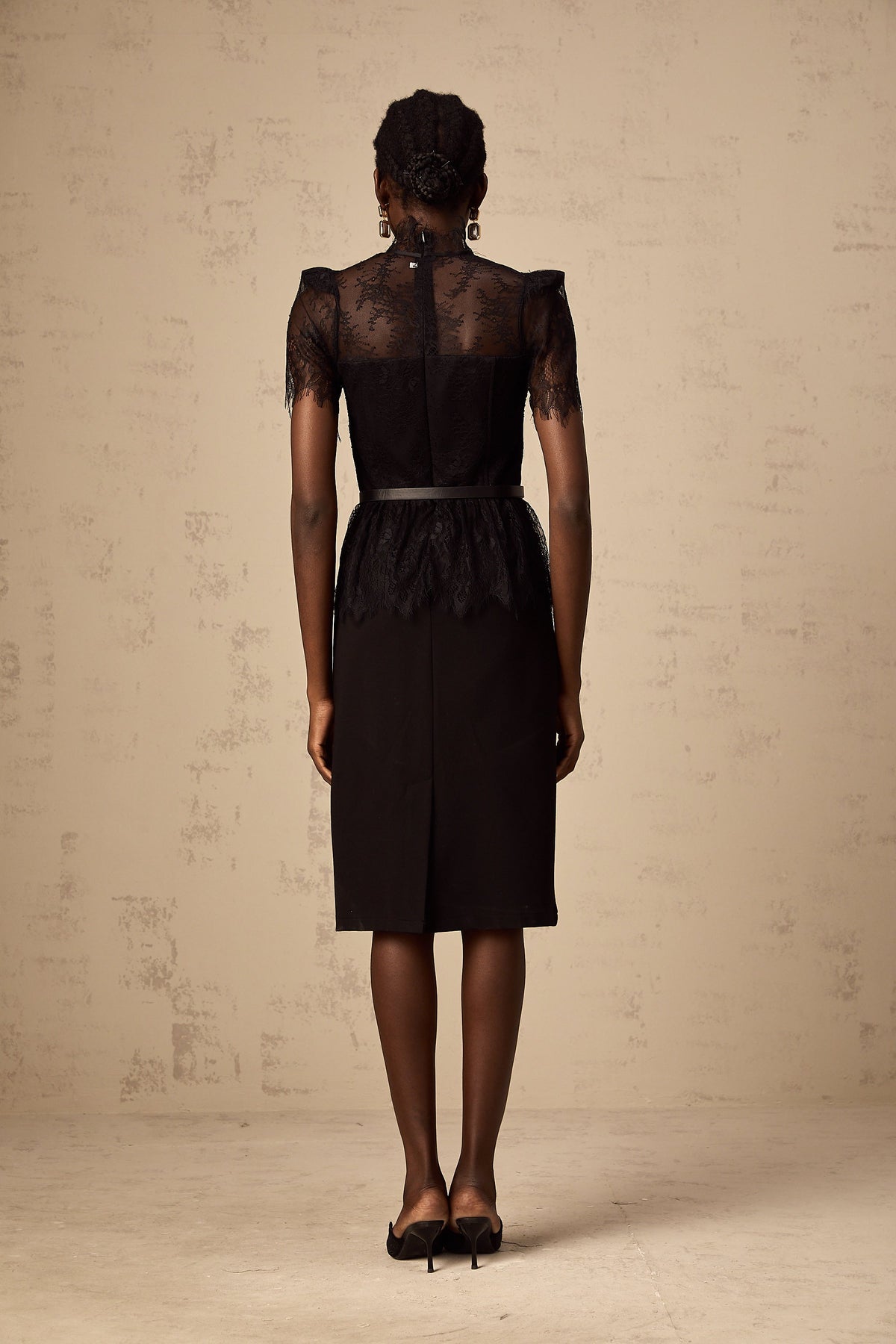 Thérèse black guipure-lace panelled midi dress (Without belt) (Final Sale)