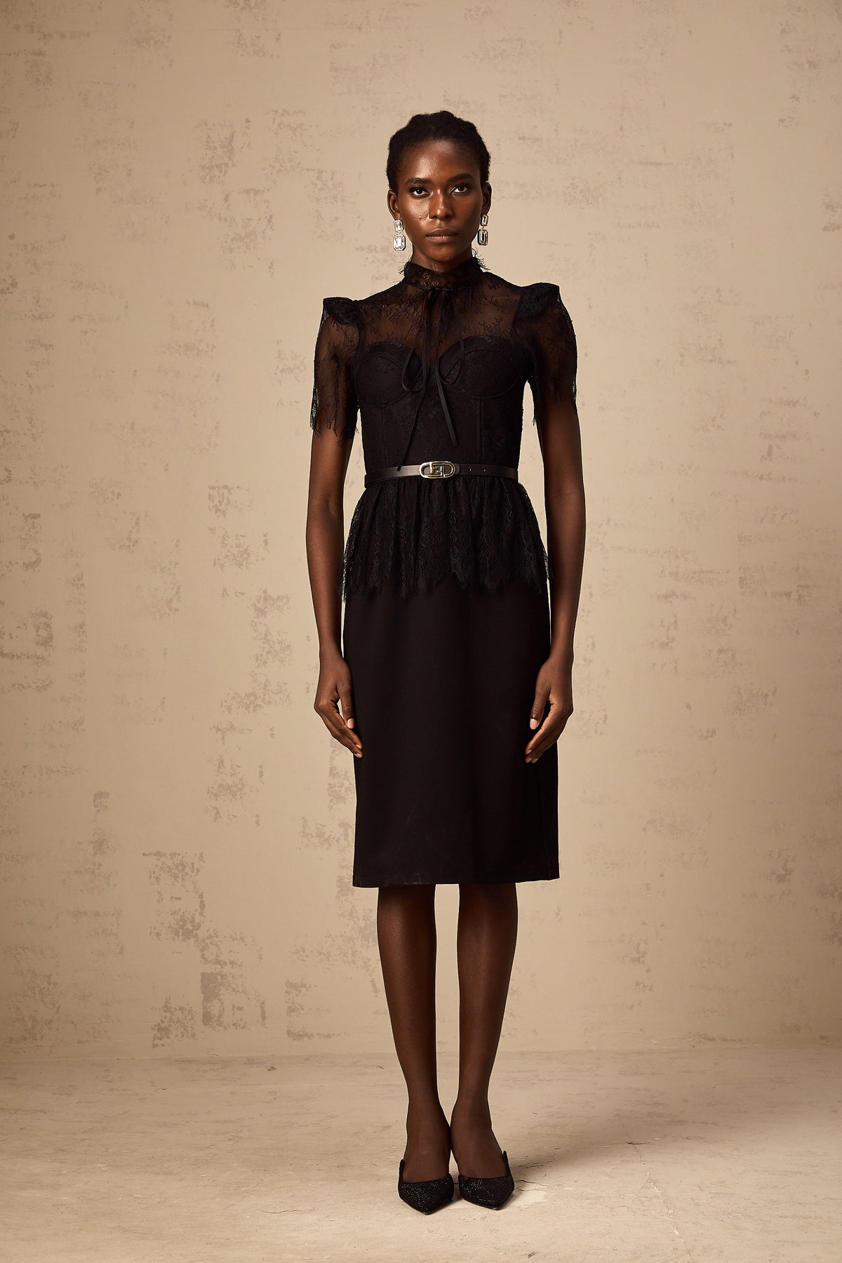 Thérèse black guipure-lace panelled midi dress (Without belt) (Final Sale-US Only)