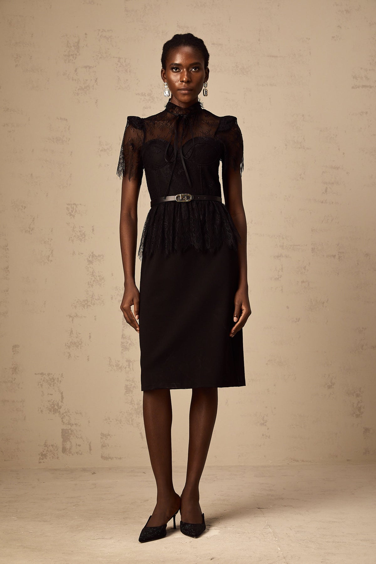 Thérèse black guipure-lace panelled midi dress (Without belt) (Final Sale-US Only)