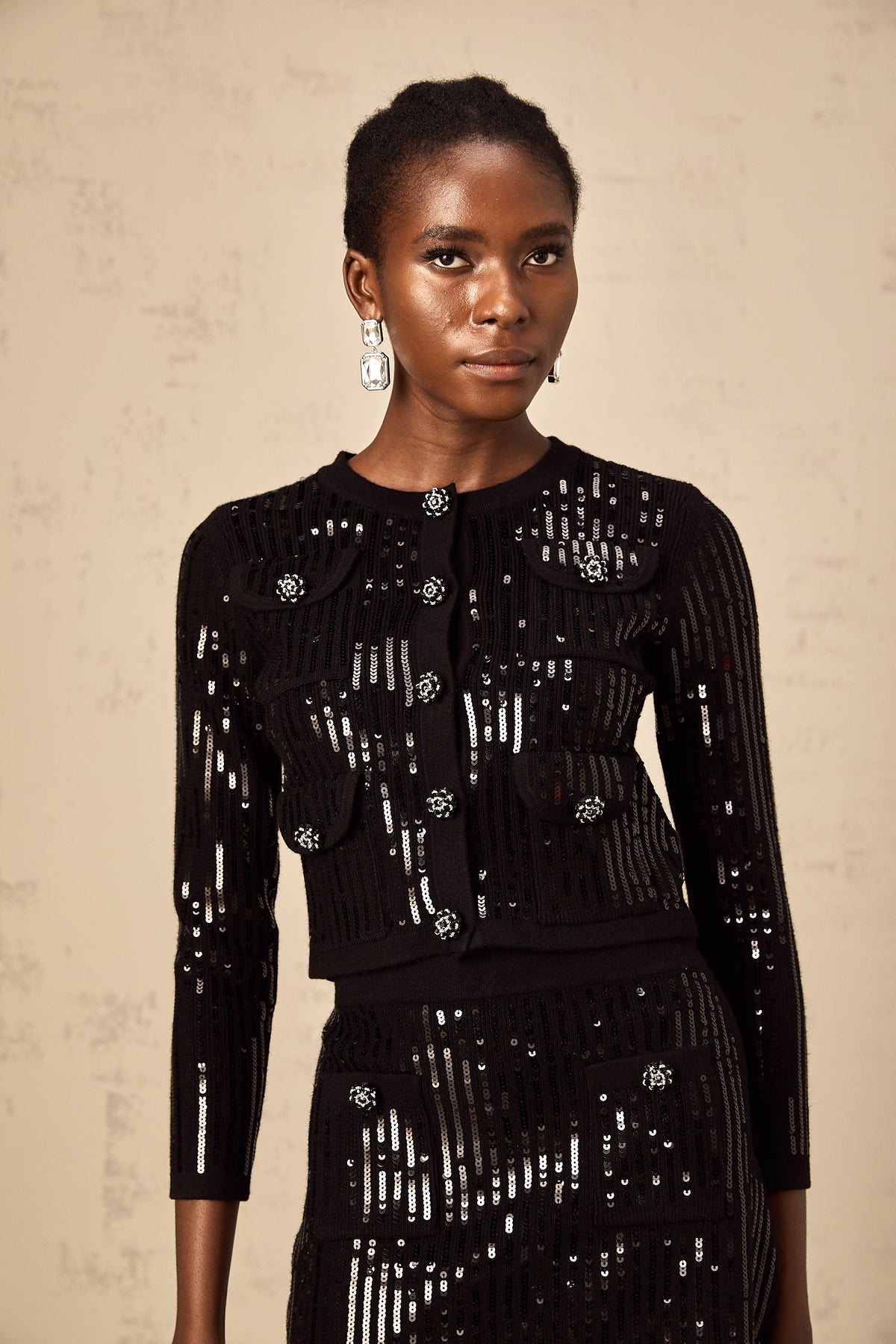 Iris black sequined ribbed-knit cardigan & skirt matching set