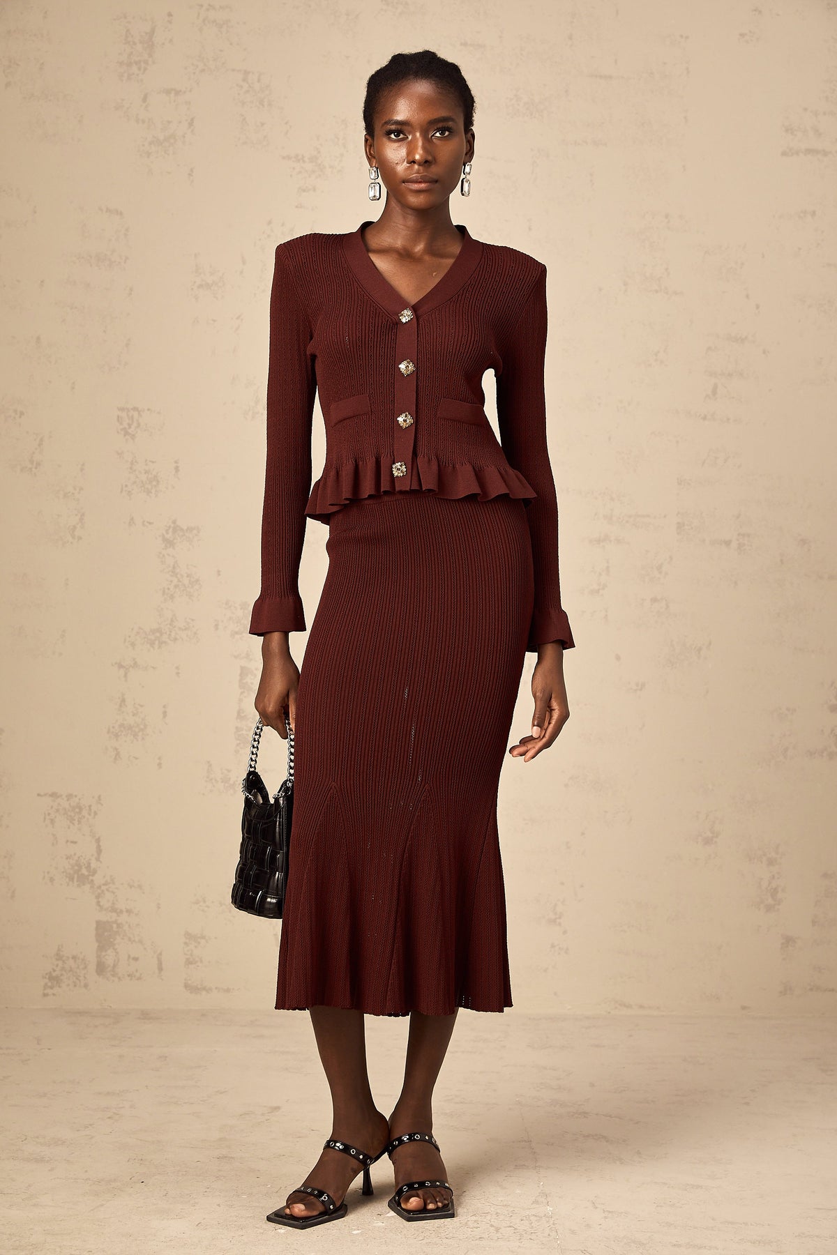 Corrine red ruffled knit top & skirt matching set (Final Sale-US Only)