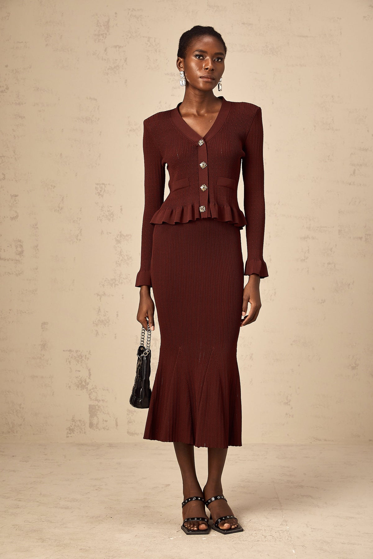 Corrine red ruffled knit top & skirt matching set (Final Sale)