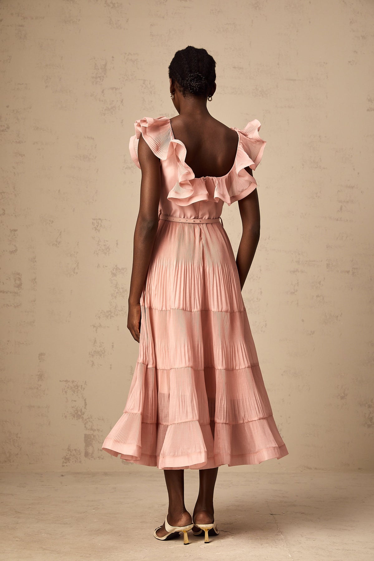 Valentina coral-pink pleated frilled midi dress (Final Sale-US Only)