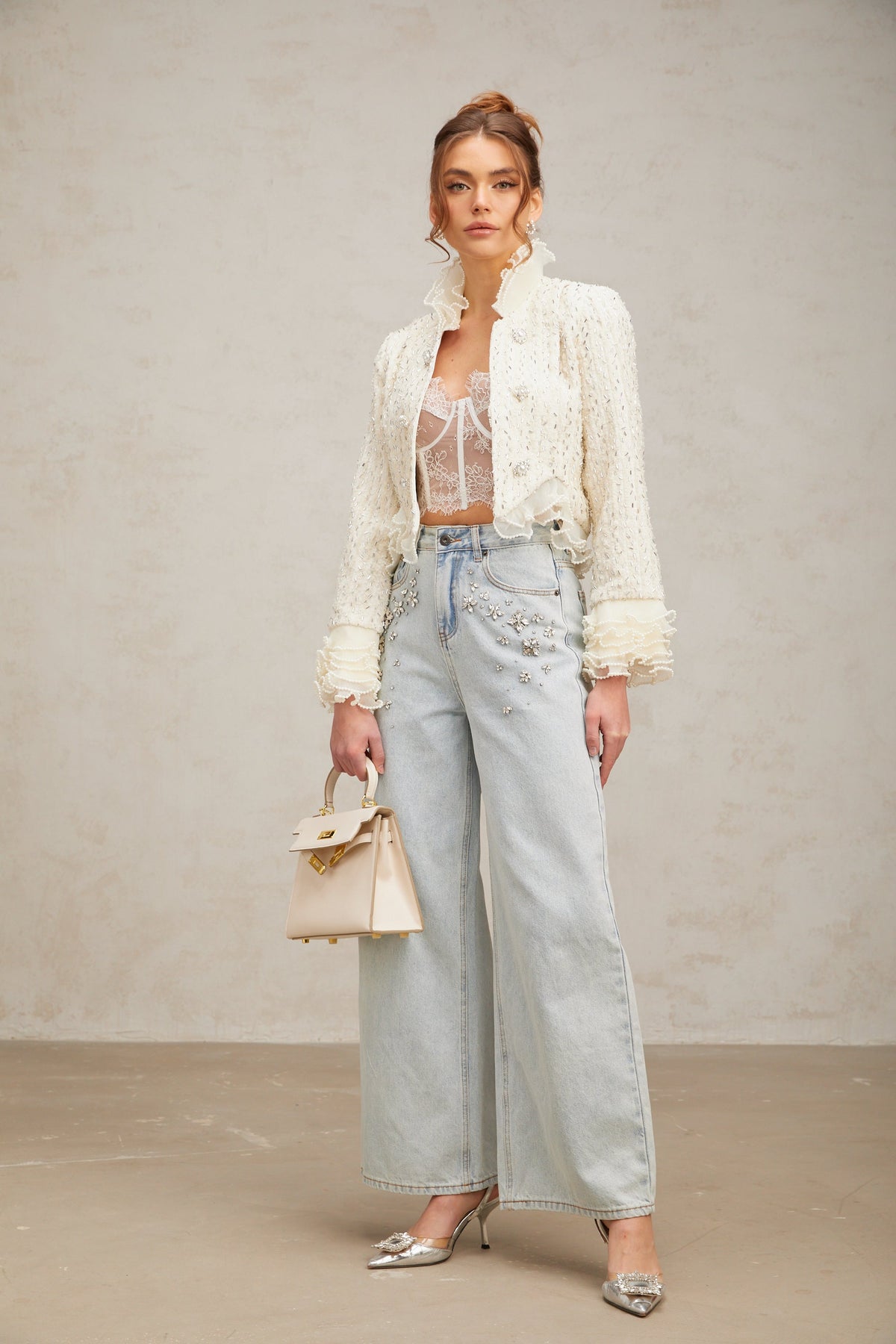 Blanche white beaded ruffle cropped jacket (Final Sale-US Only)