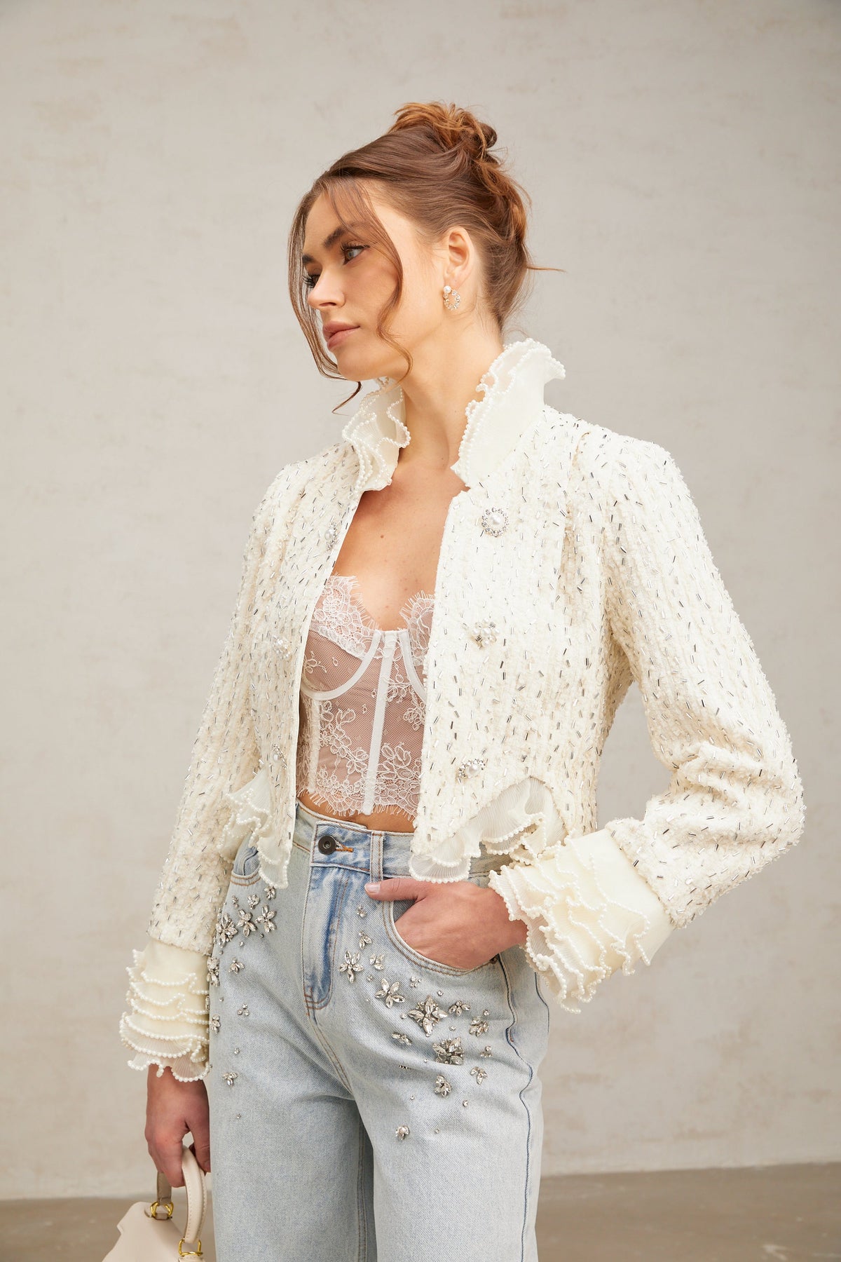 Blanche white beaded ruffle cropped jacket (Final Sale-US Only)