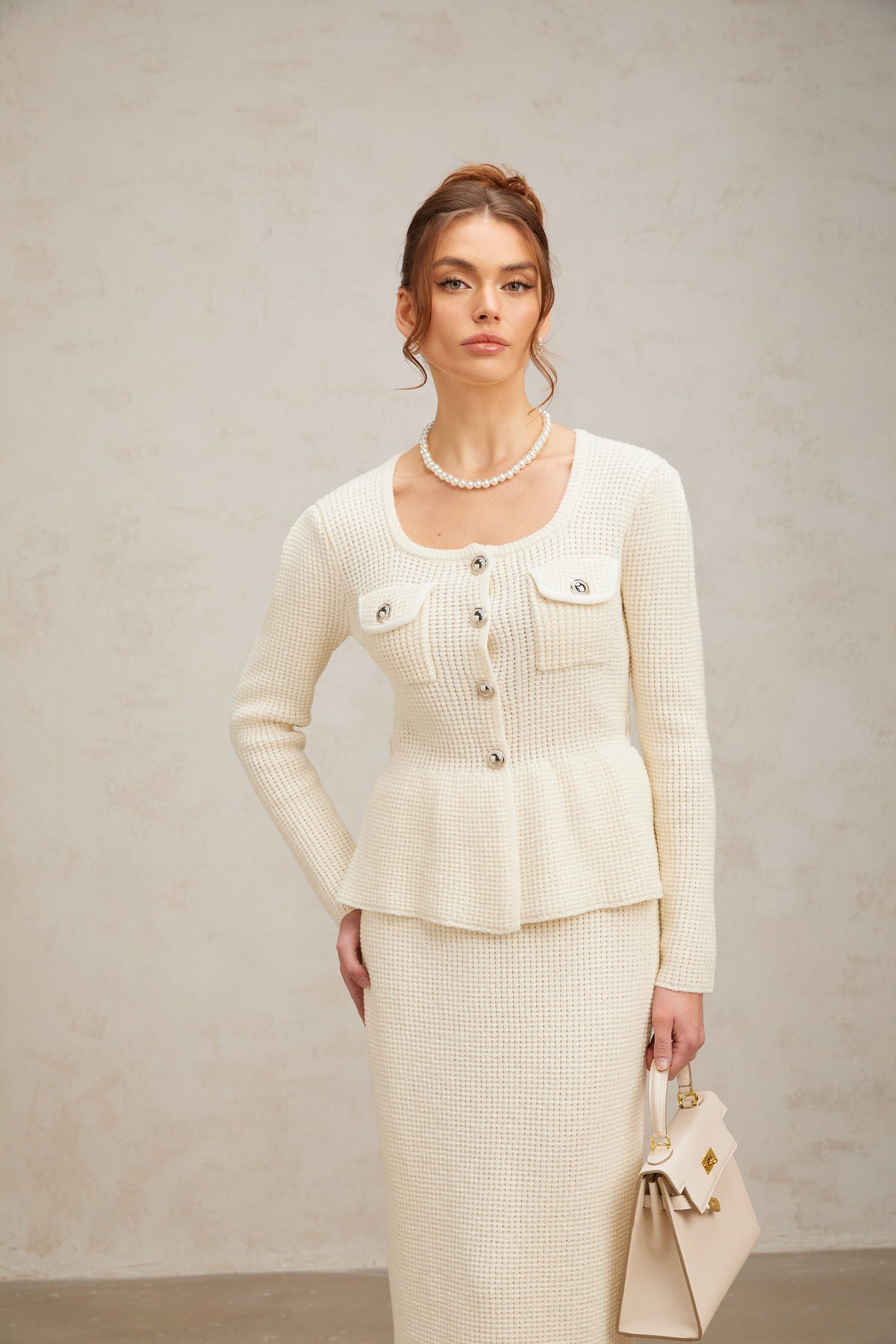 Manon white knitted top & skirt matching set
