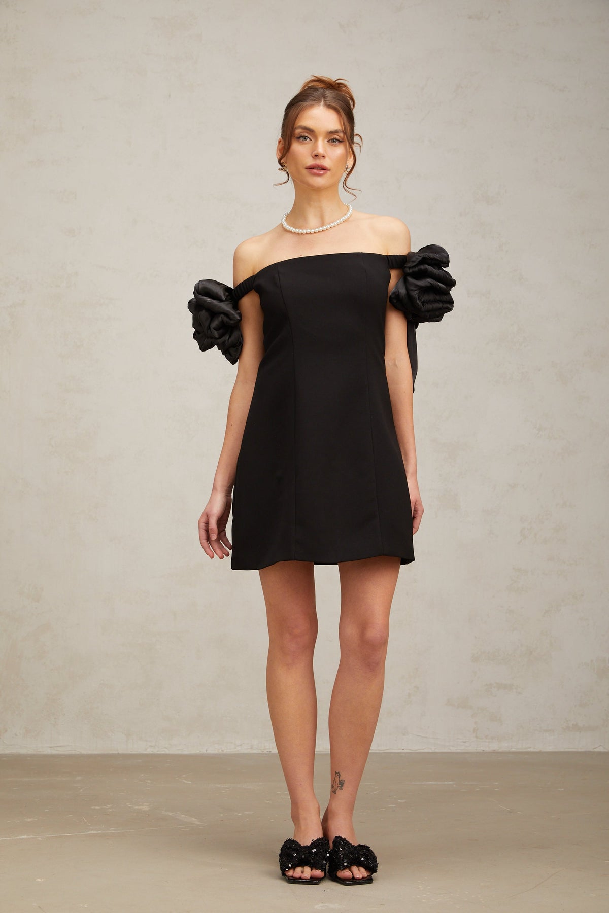 Erica black flower-detail off-shoulder mini dress (Final Sale-US Only)