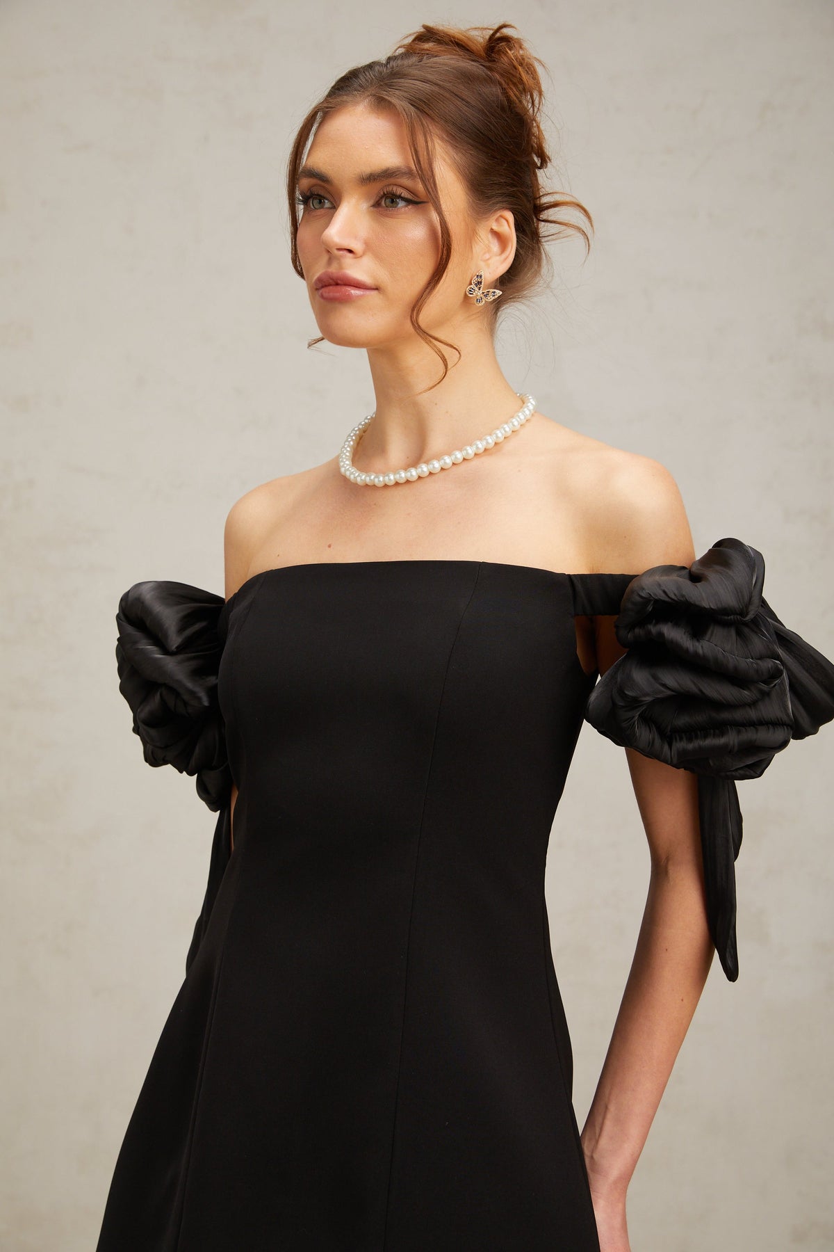 Erica black flower-detail off-shoulder mini dress (Final Sale-US Only)