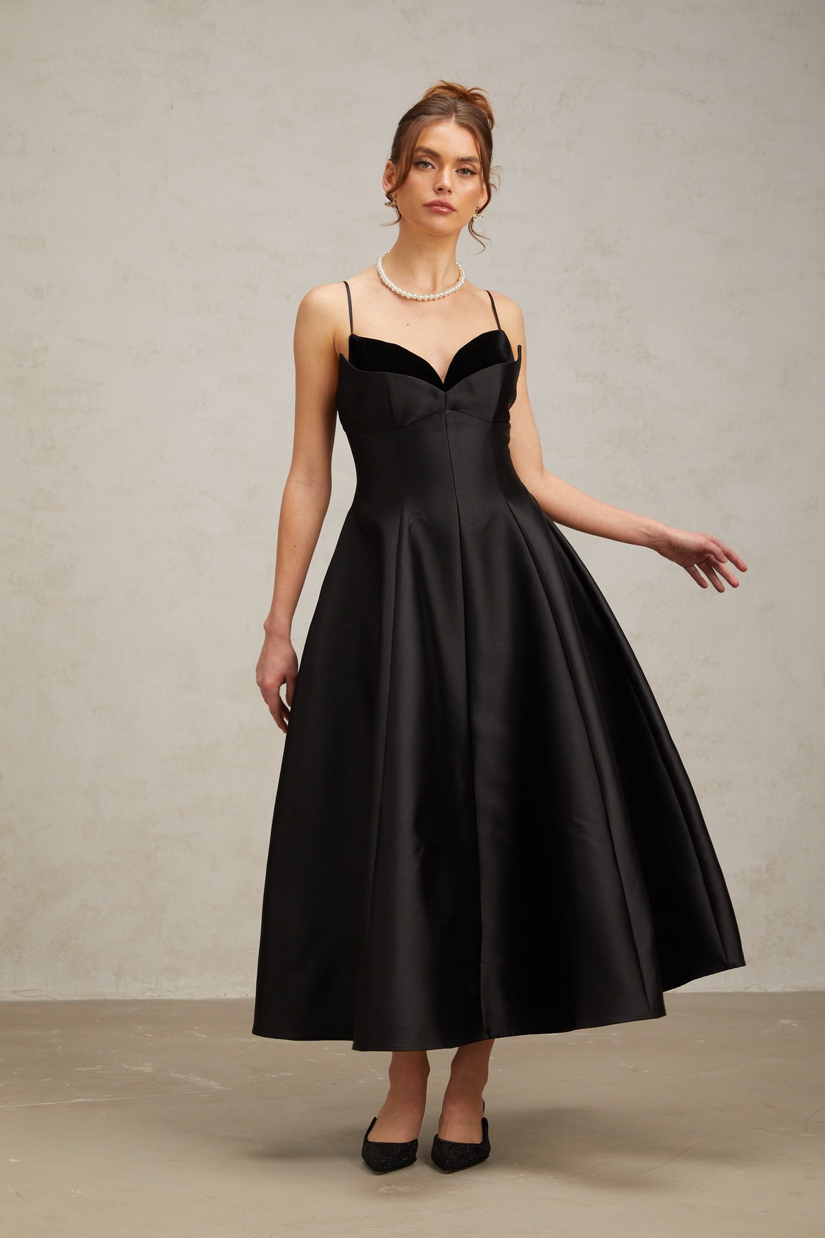 Roxane black pleated flared midi dress (Final Sale-US Only)