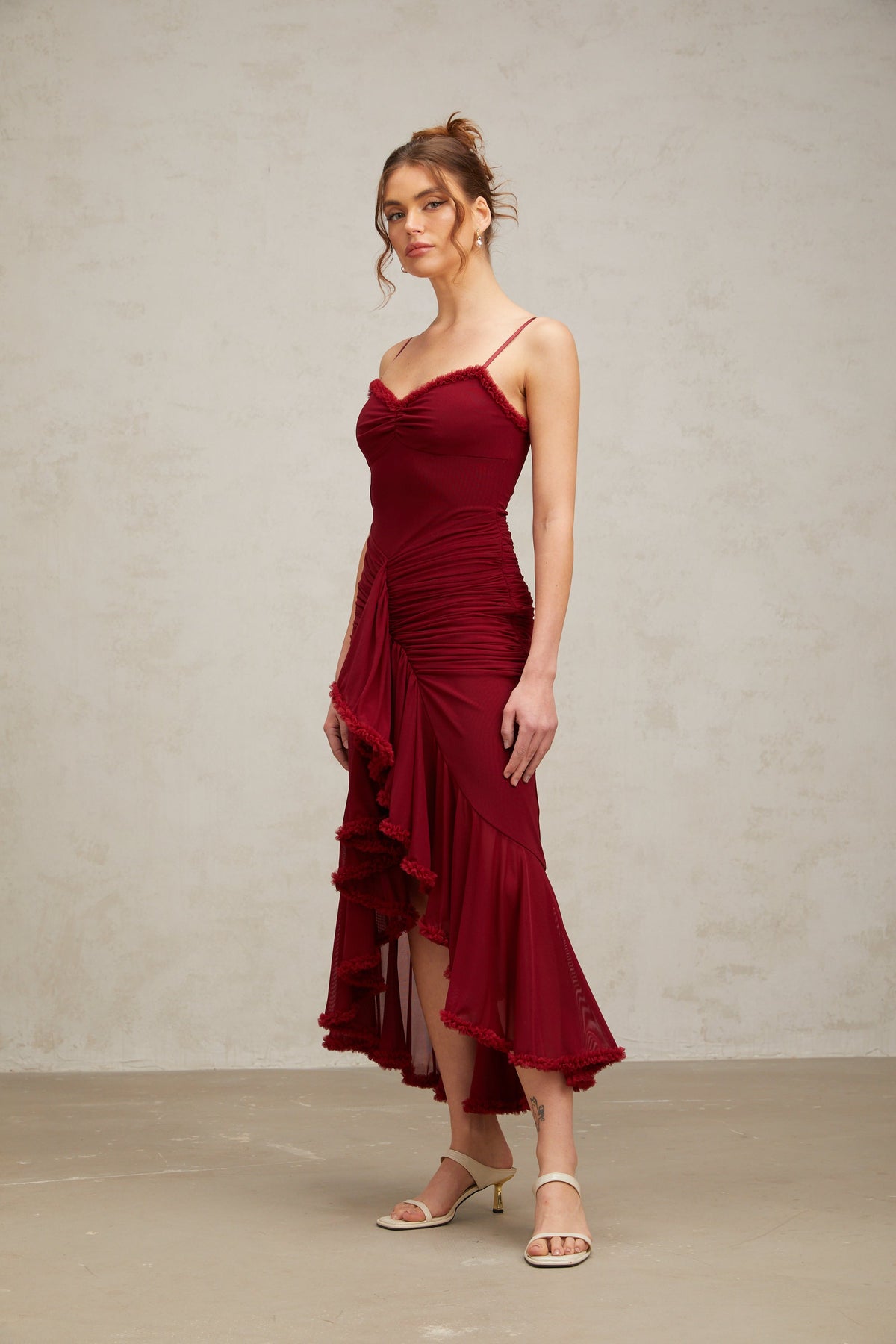 Viviane ruffle draped maxi dress in Red