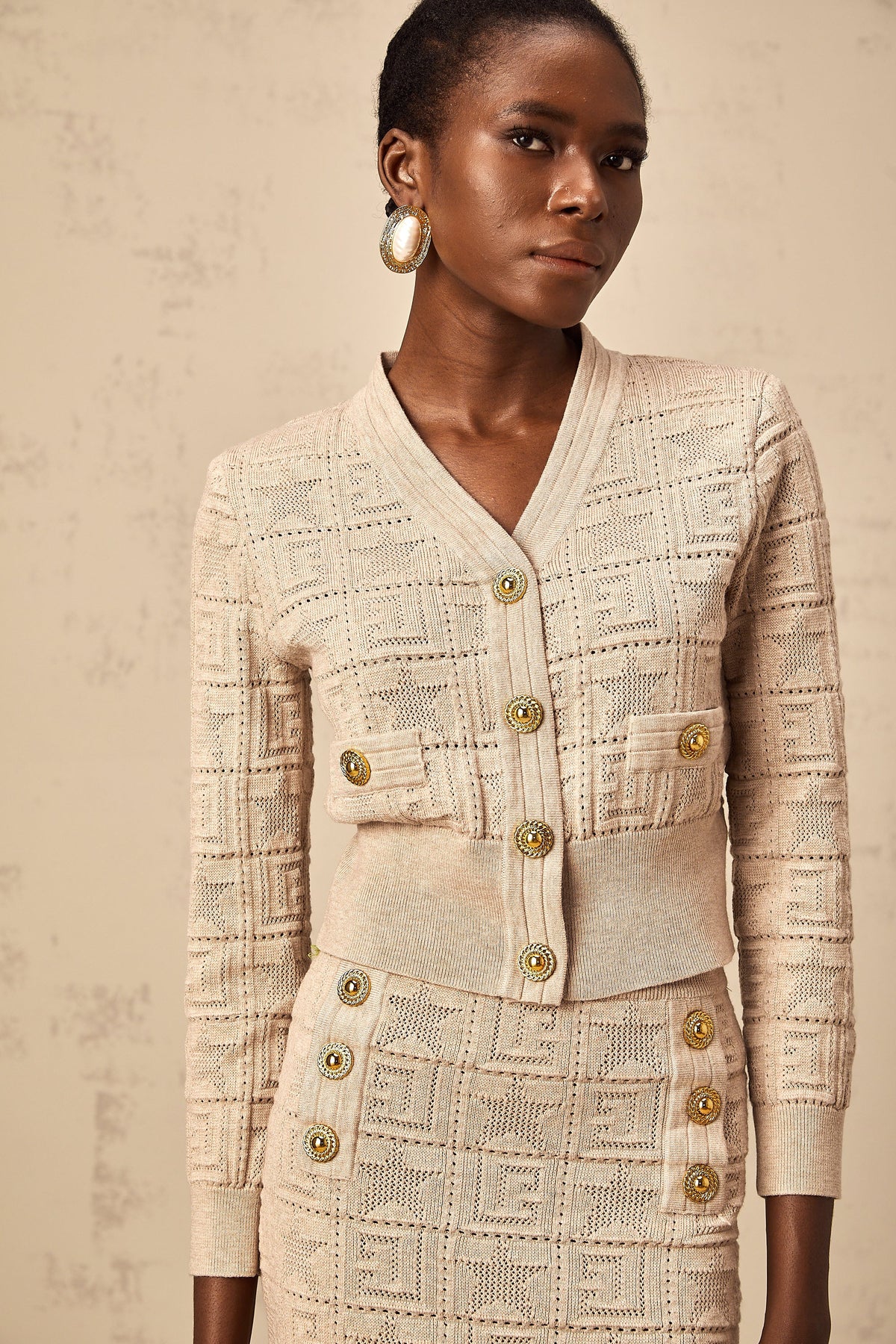 Leonie khaki star-motif crochet knit cardigan & skirt matching set