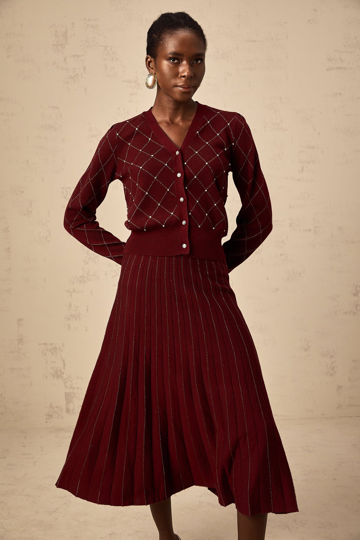 Laurine red embellished argyle intarsia knit cardigan & skirt matching set