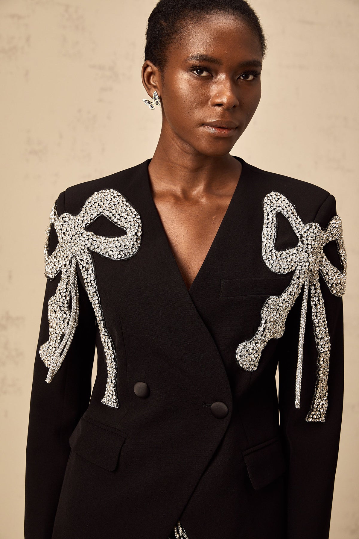 Vanessa black bow-motif embellished blazer