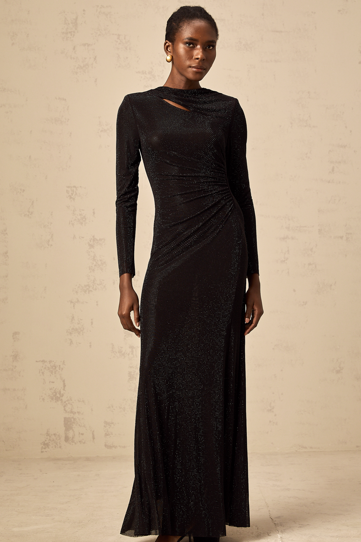 Donatienne black rhinestone-embellished ruched mesh maxi dress