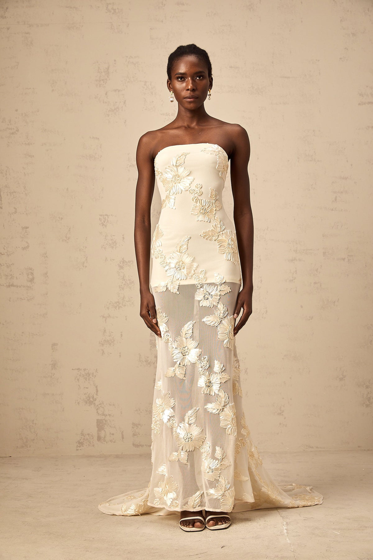 Melanie neutrals embroidered off-shoulder maxi dress (Final Sale-US Only)