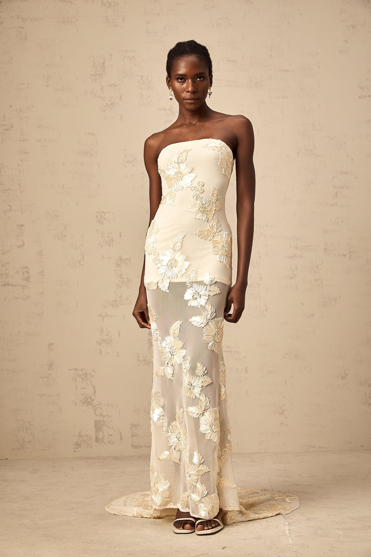 Melanie neutrals embroidered off-shoulder maxi dress (Final Sale-US Only)