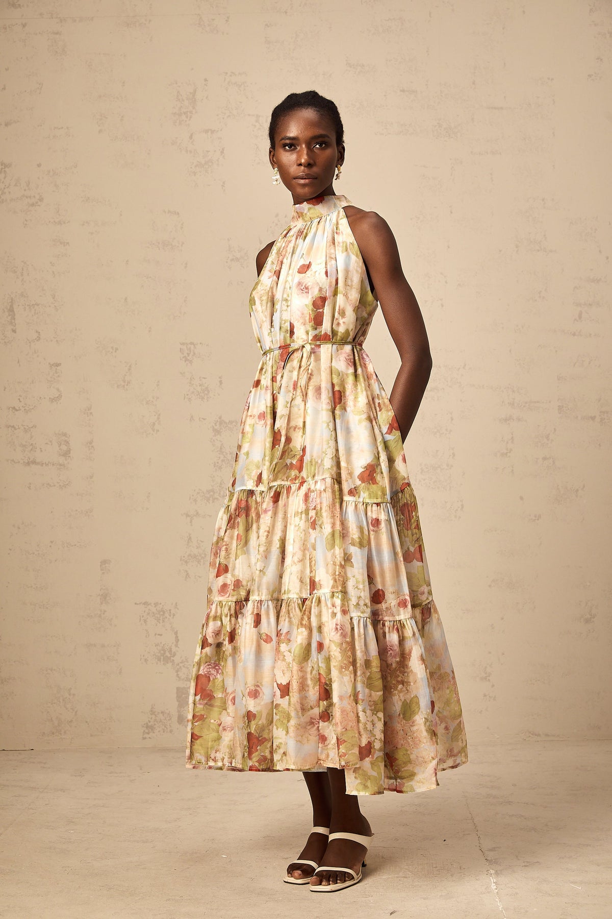 Ulani floral-print sleeveless midi dress in Neutrals