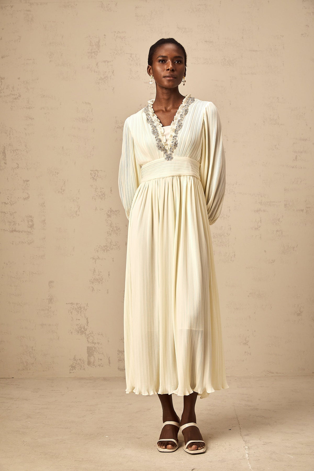 Yana white crystal-trim pleated midi dress (Final Sale-US Only)