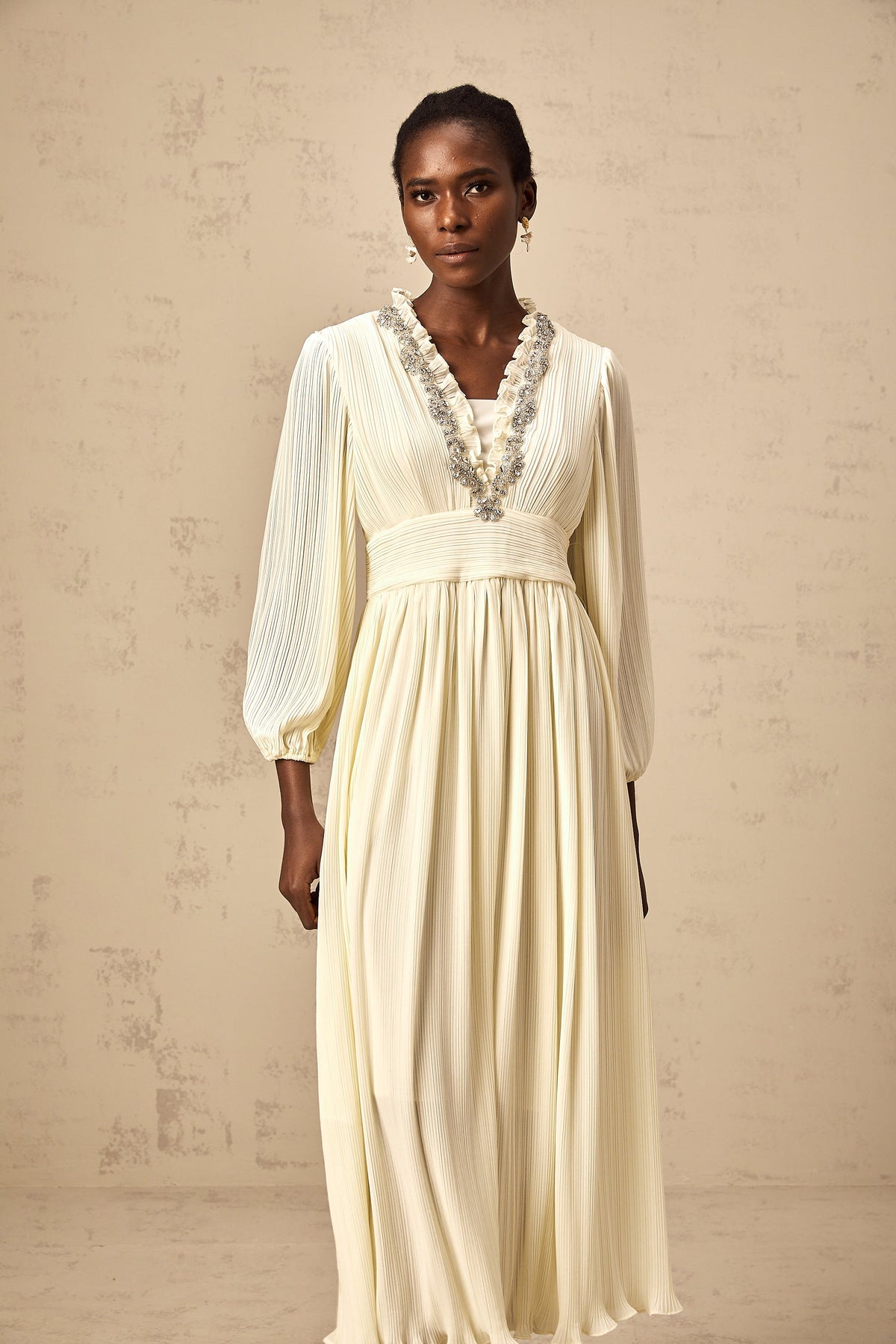 Yana white crystal-trim pleated midi dress (Final Sale-US Only)